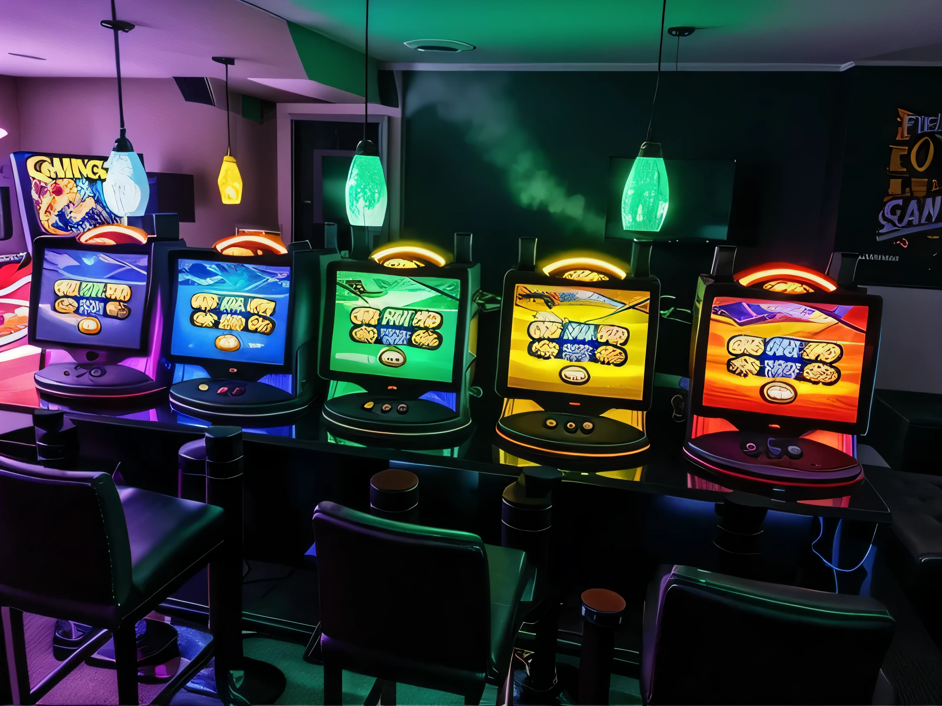 several video game machines are lined up on a counter, green crt monitors, glowing screens, many screens, by Josh Bayer, taken in the early 2020s, indoor casino, crt screens in background, arcade machines, digital screens, by Tom Wänerstrand,gta poster style, huge computer screens, gaming, glowing computer screens.GTA