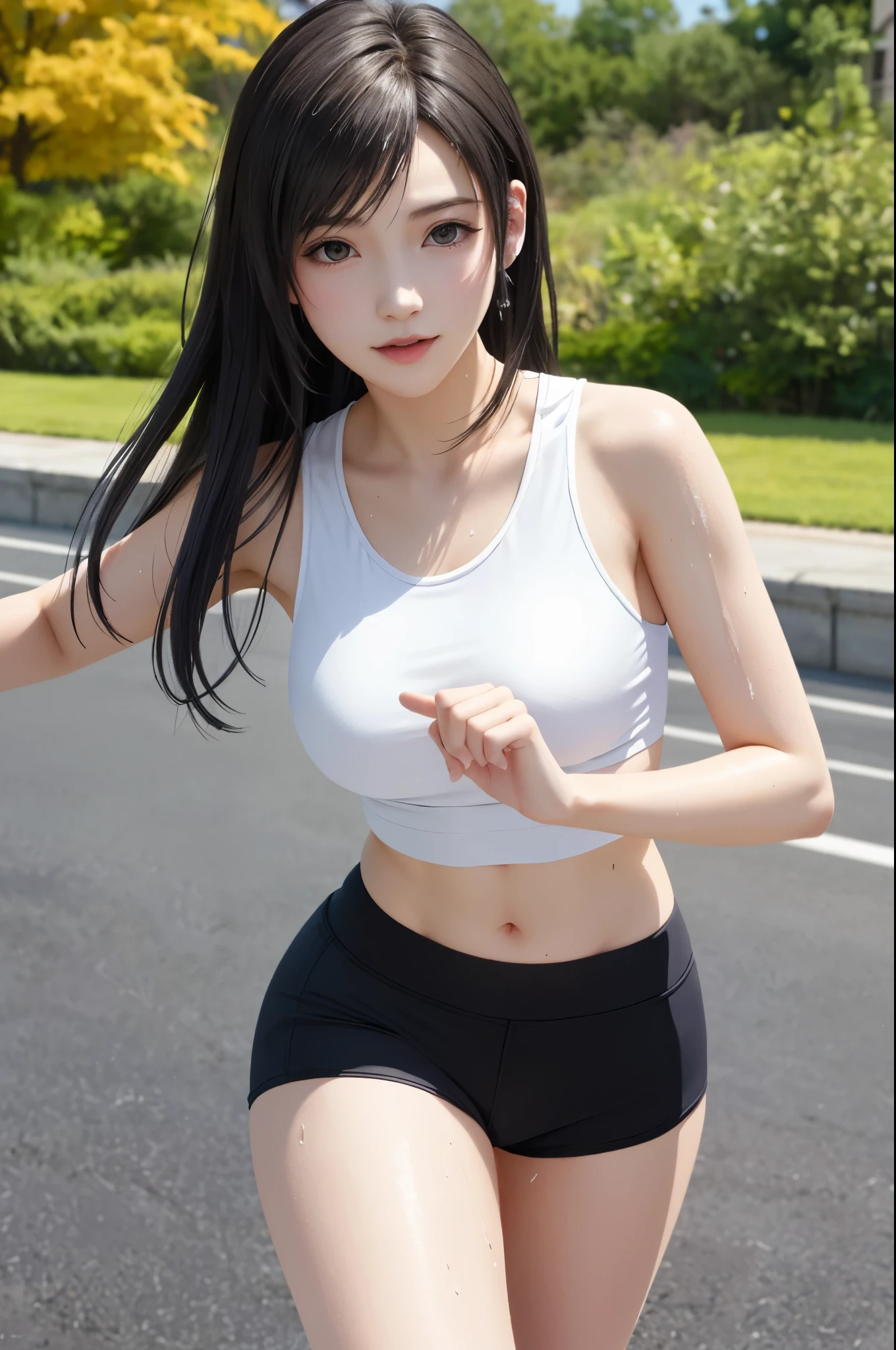 Pure Japanese athletics girl, outstanding body, shiny white skin, sweat and wet, wearing loose athletics wear, sneakers, natural hairstyles, sweet smile, secretly seduce me, temptation to sex, spread wide legs, refreshing in early summer morning park, 