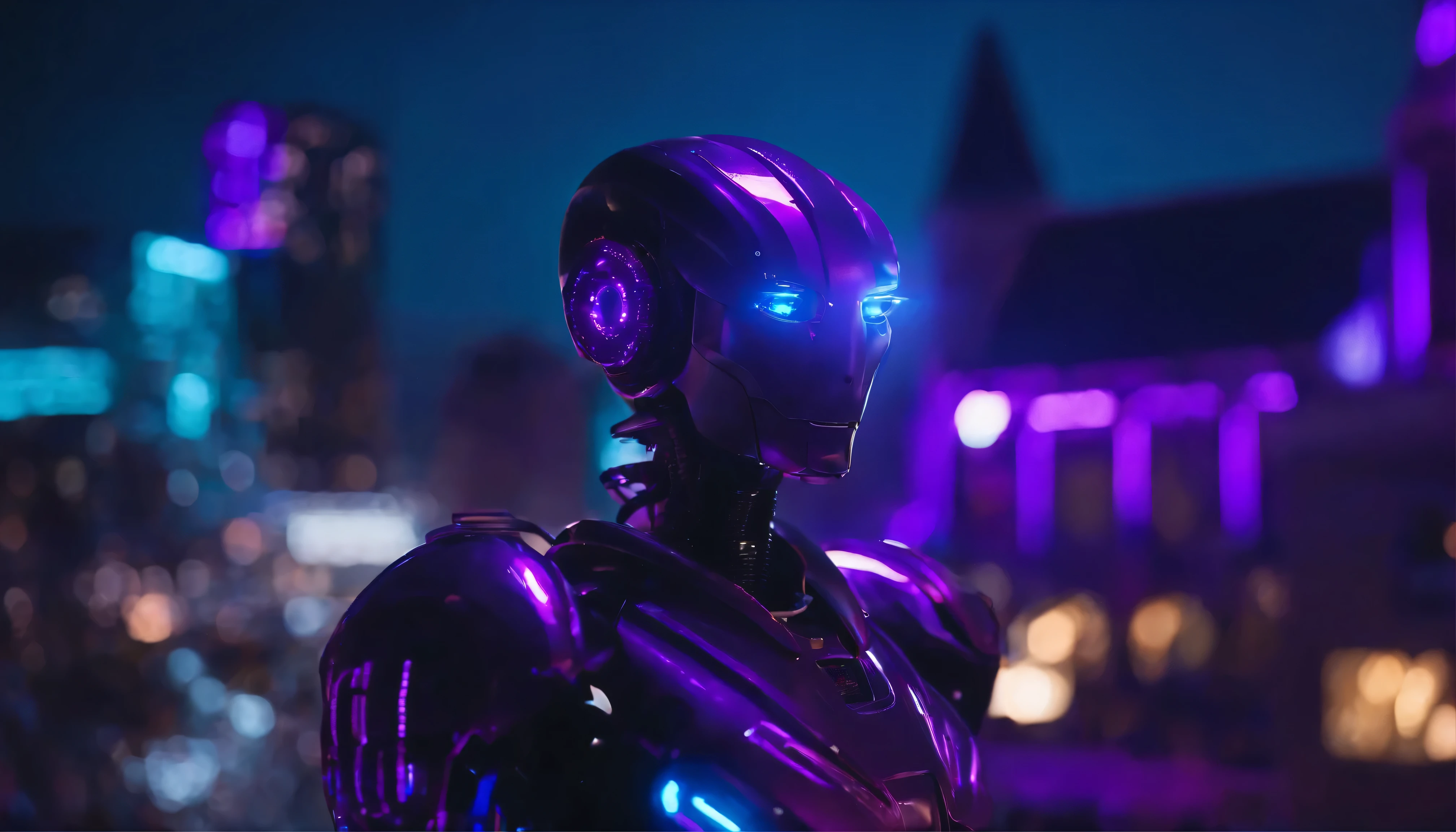 8k，robot，close up，Purple lights and buildings in the background