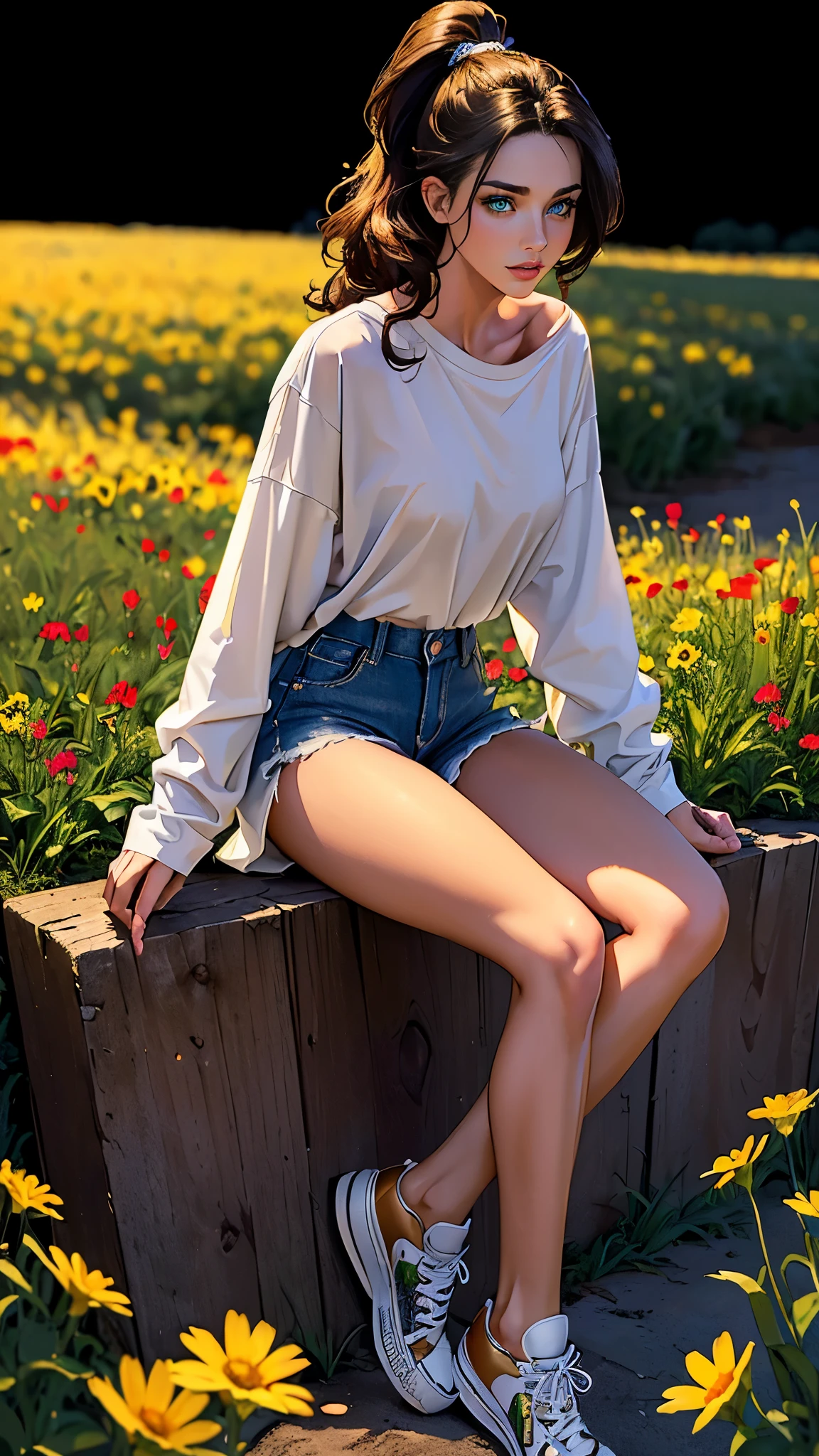 ((masterpiece, Best quality, a high resolution, ultra detailed),(beautiful and aesthetically pleasing:1.2), 1 woman, adult, perfect body, Wavy dark hair, green eyes, high short ponytail, Beautiful, Detailed eyes and face, long oversized shirt, skinny jeans, Converse sneakers, golden hour, Field of Flowers, complex parts, full body 