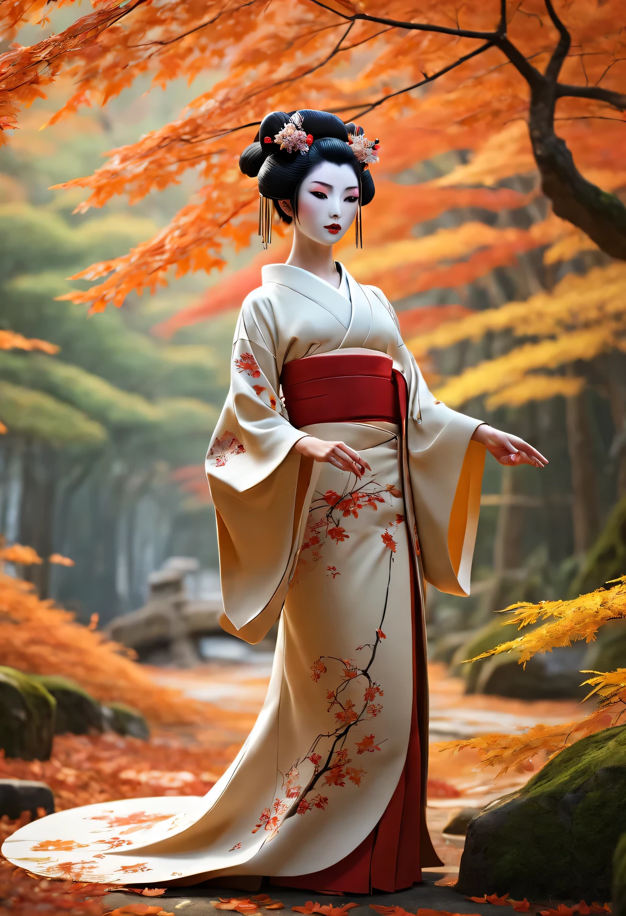 (Super exquisite CG Unity 8K wallpaper), (masterpiece), (best quality), (actual), geisha, kimono, dance, Elf, pointed ears, ((best quality)), (super detailed)), (((photo)), Japanese forest in autumn