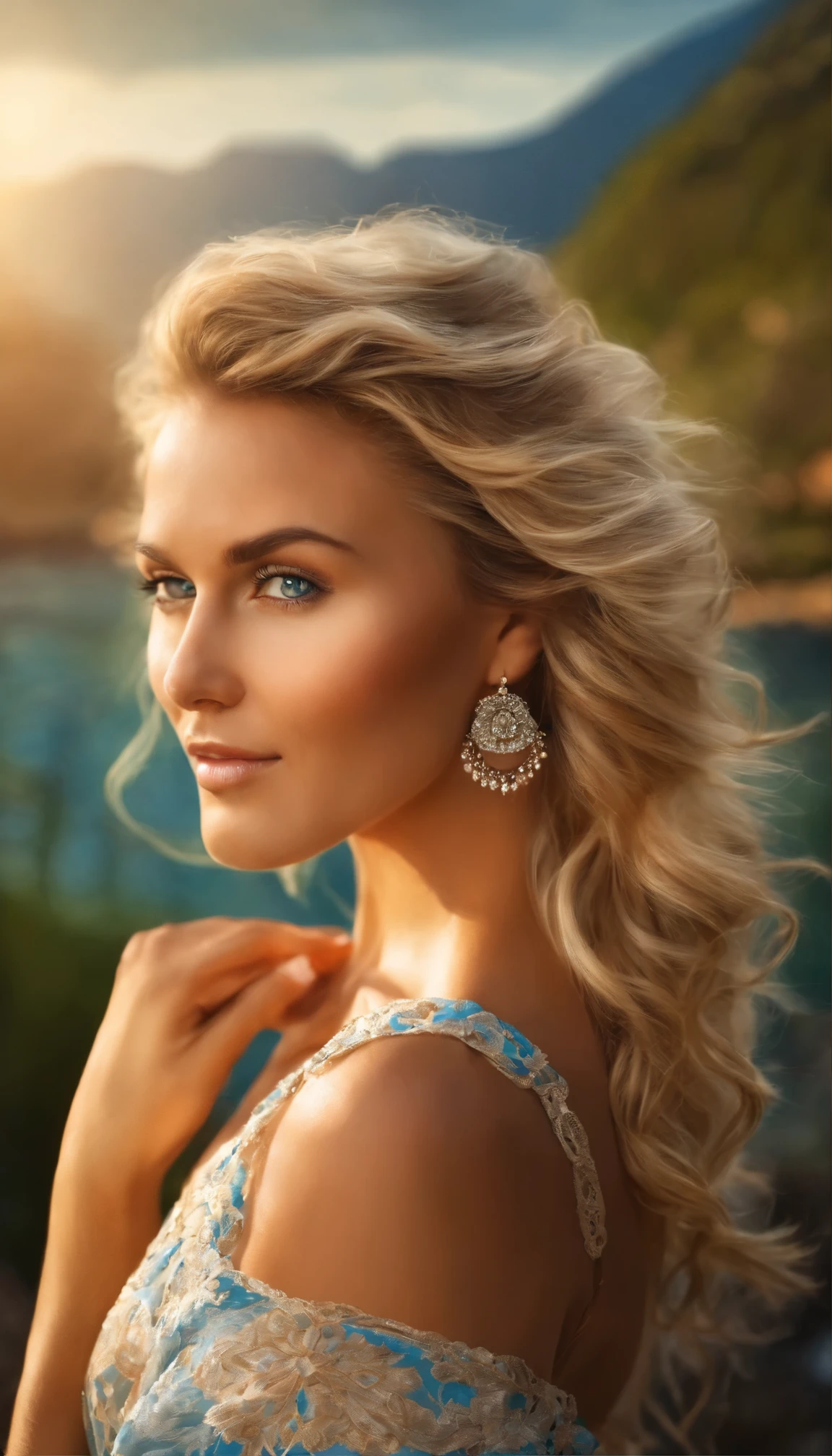 Una hermosa mujer rubia con cabello rizado, ojos azules, brazos, piernas y tetas, piel bronceada, en ropa de verano, manos sosteniendo su cabello, Hermoso paisaje natural, muy detallado, muy realista