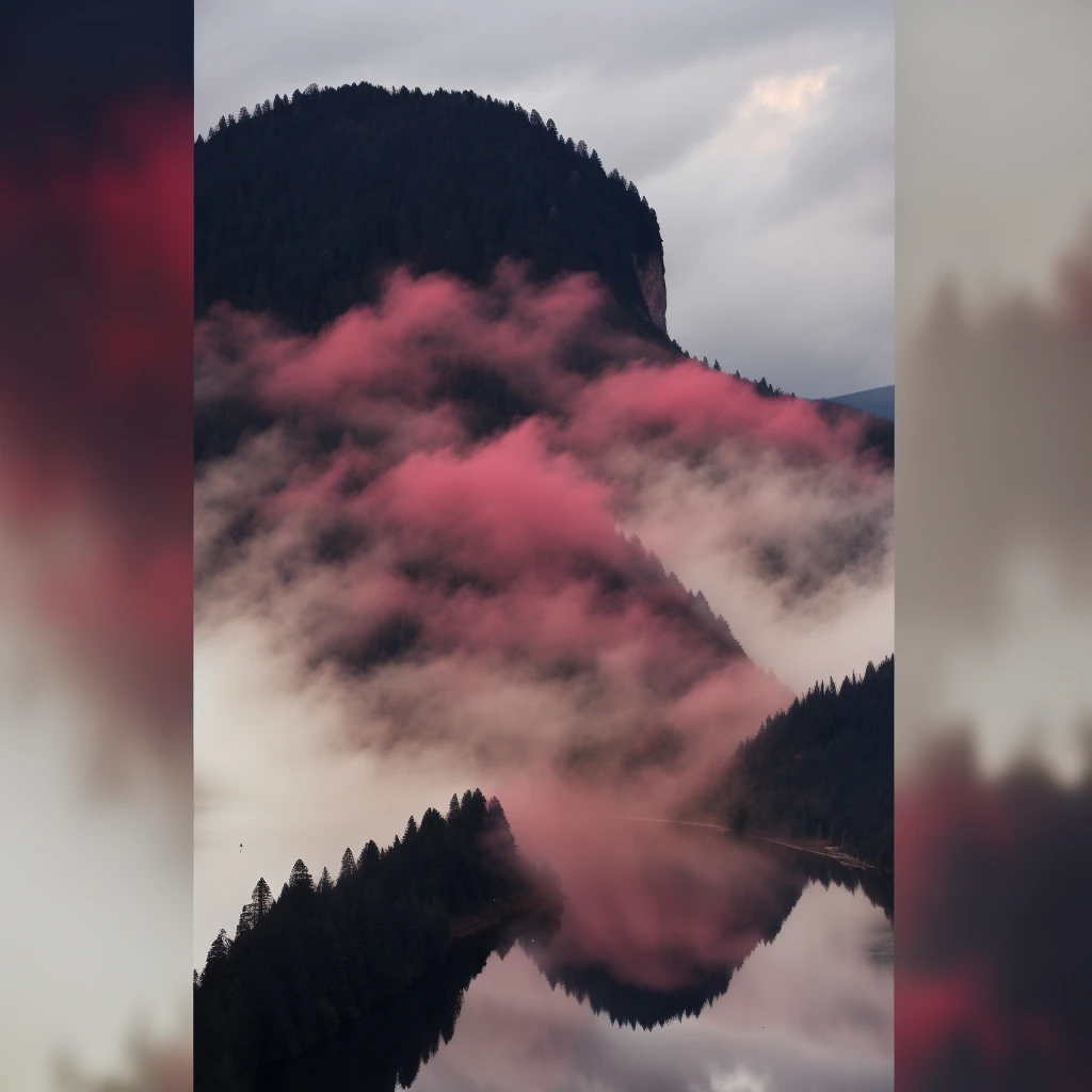 Uma paisagem serena ao amanhecer, com montanhas majestosas refletindo a luz dourada do sol nascendo. Um lago tranquilo se estende na base das montanhas, reflecting the colorful sky. A row of trees with vibrant leaves gently borders the lake. In the sky, soft, pink clouds add an ethereal touch to the scene