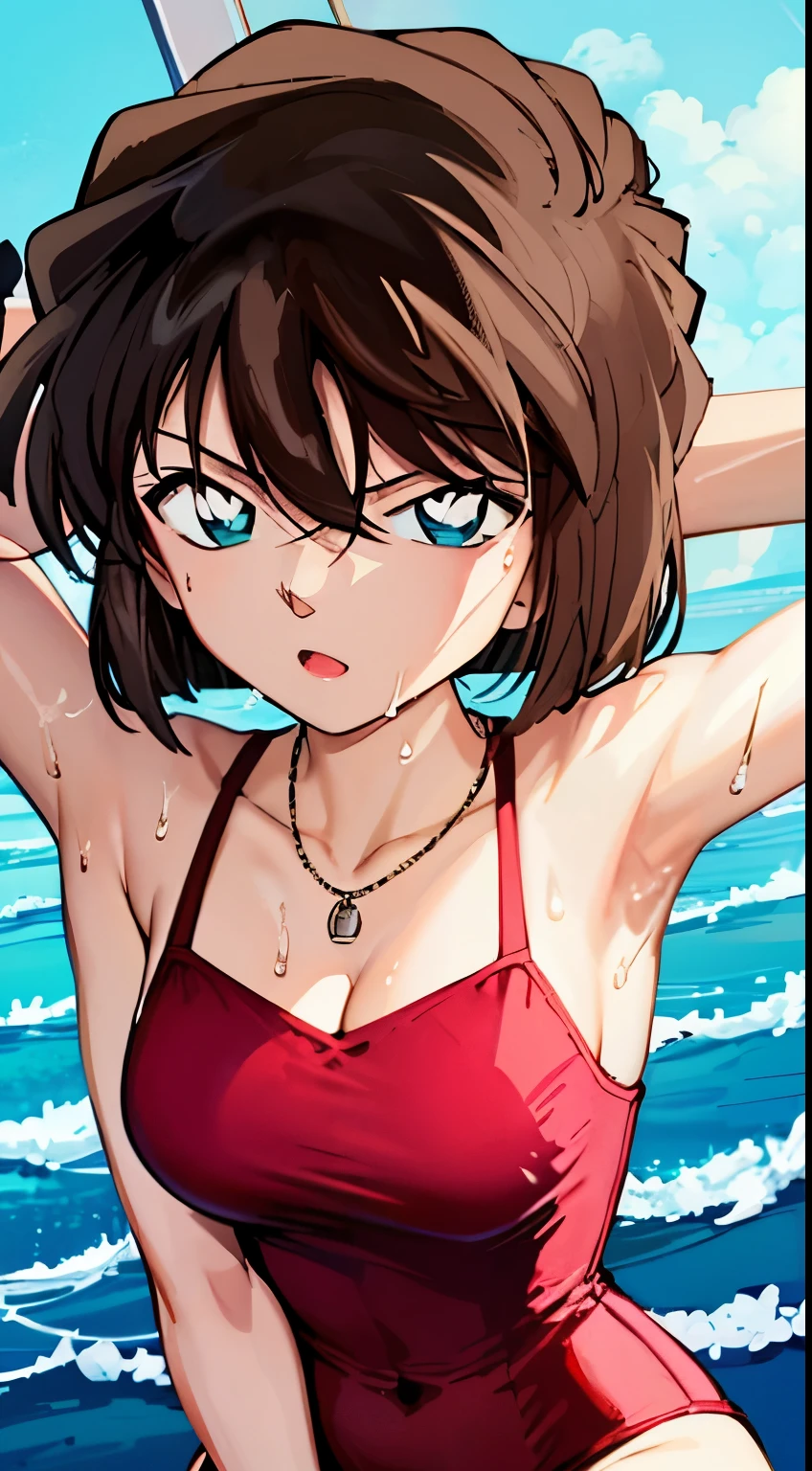 Gray Plains Love、one-piece swimsuit、skirt made of、Pink swimsuit、whole body， Thick thighs、Smooth、moist skin、Cinema lighting, (moist skin, wet hair, ocean:1.2)