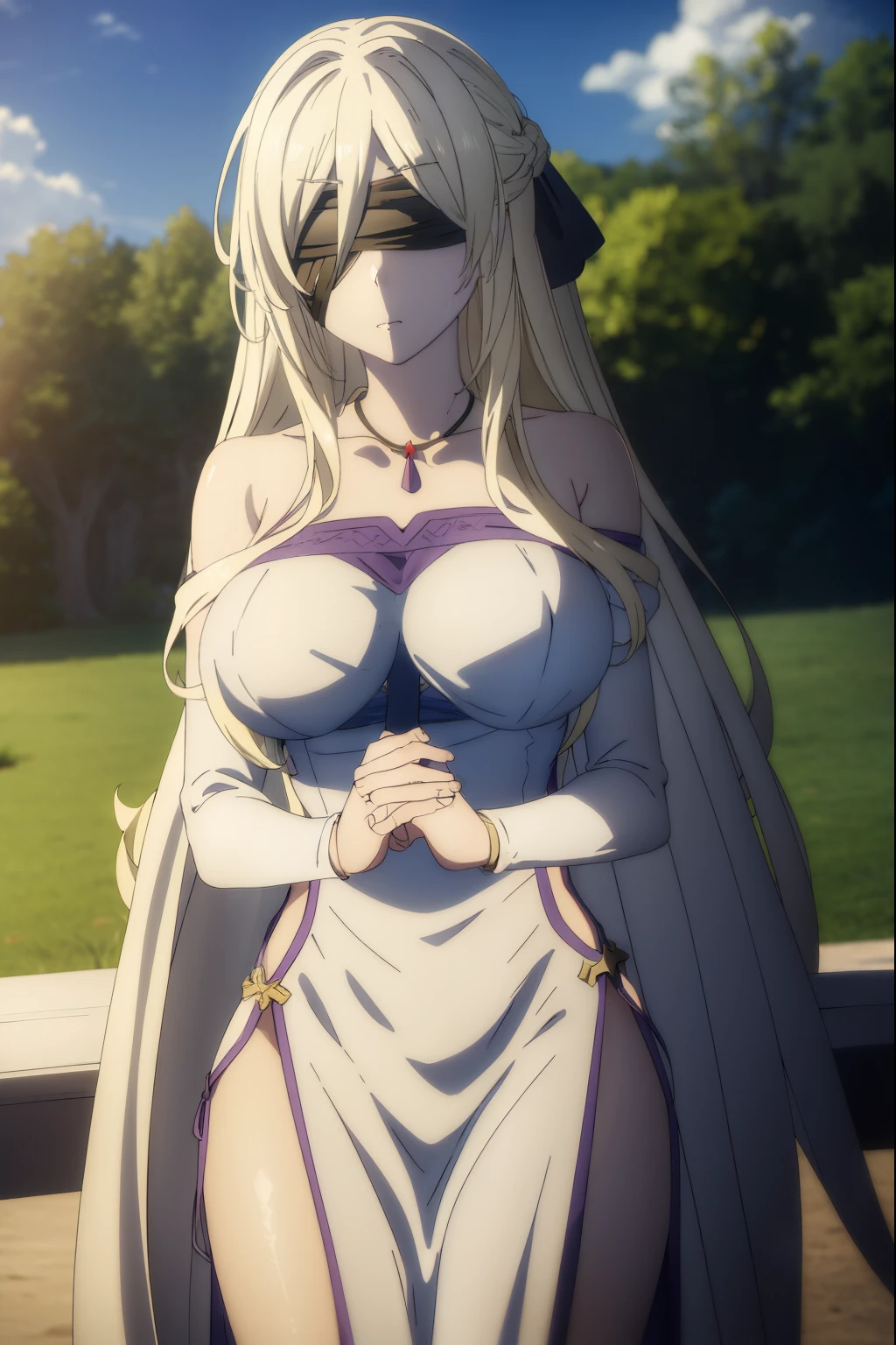 swordmaiden, sword maiden, long hair, bangs, blonde hair, blindfold, (covered eyes:1.2), black blindfold, (large breasts:1.2), pout, pouting, puffy cheeks,
BREAK dress, jewelry, necklace, (white dress:1.5), bare shoulders, collarbone,
BREAK outdoors, forest, nature, sun, sky, clouds, blue sky,
BREAK looking at viewer, (cowboy shot:1.5),
BREAK (masterpiece:1.2), best quality, high resolution, unity 8k wallpaper, (illustration:0.8), (beautiful detailed eyes:1.6), extremely detailed face, perfect lighting, extremely detailed CG, (perfect hands, perfect anatomy),