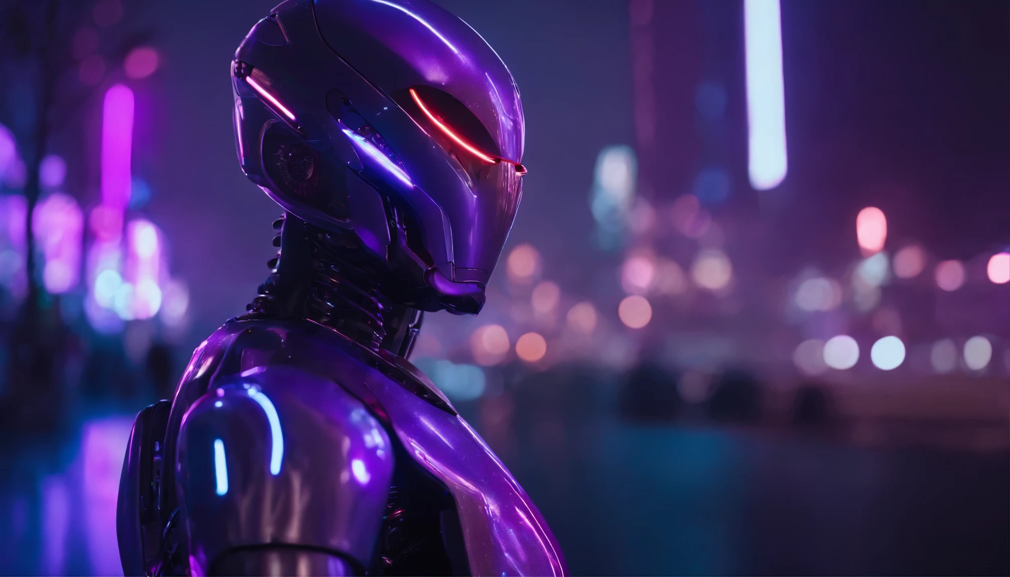 8k，robot，close up，Purple lights and buildings in the background