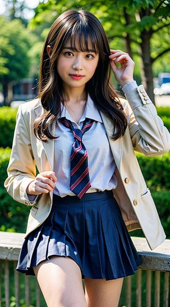 (8K、RAW photo、highest quality、masterpiece:1.2)、(realistic、Photoreal)、40 years、1 girl、I have a mole next to my eye、((White shirt with long sleeves、sailor suit、red tie、Below-the-knee length navy pleated skirt))、（high school girl）、The skirt is rolled up、gal、lots of eyelashes、glitter on eyelids、Dark Red Knee-High Socks、Skeletally correct、thighs open、wavy twintails、cute smile、sweaty body、attractive body beautiful perfect body、V-line emphasis、put your hands behind your head、Beautifully aligned fingertips、