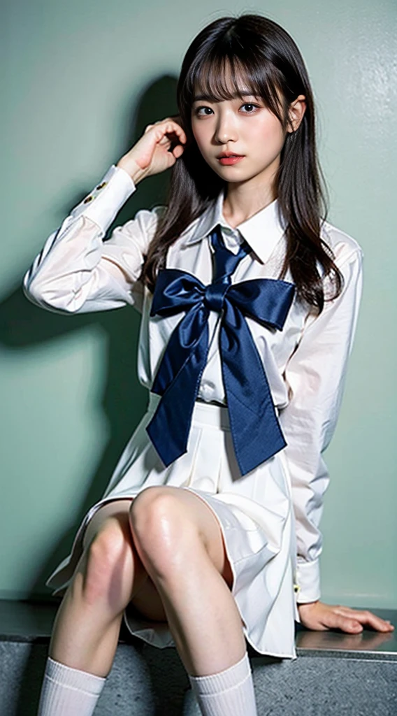 (8K、RAW photo、highest quality、masterpiece:1.2)、(realistic、Photoreal)、40 years、1 girl、I have a mole next to my eye、((White shirt with long sleeves、sailor suit、red tie、Below-the-knee length navy pleated skirt))、（high school girl）、The skirt is rolled up、gal、lots of eyelashes、glitter on eyelids、Dark Red Knee-High Socks、Skeletally correct、thighs open、wavy twintails、cute smile、sweaty body、attractive body beautiful perfect body、V-line emphasis、put your hands behind your head、Beautifully aligned fingertips、