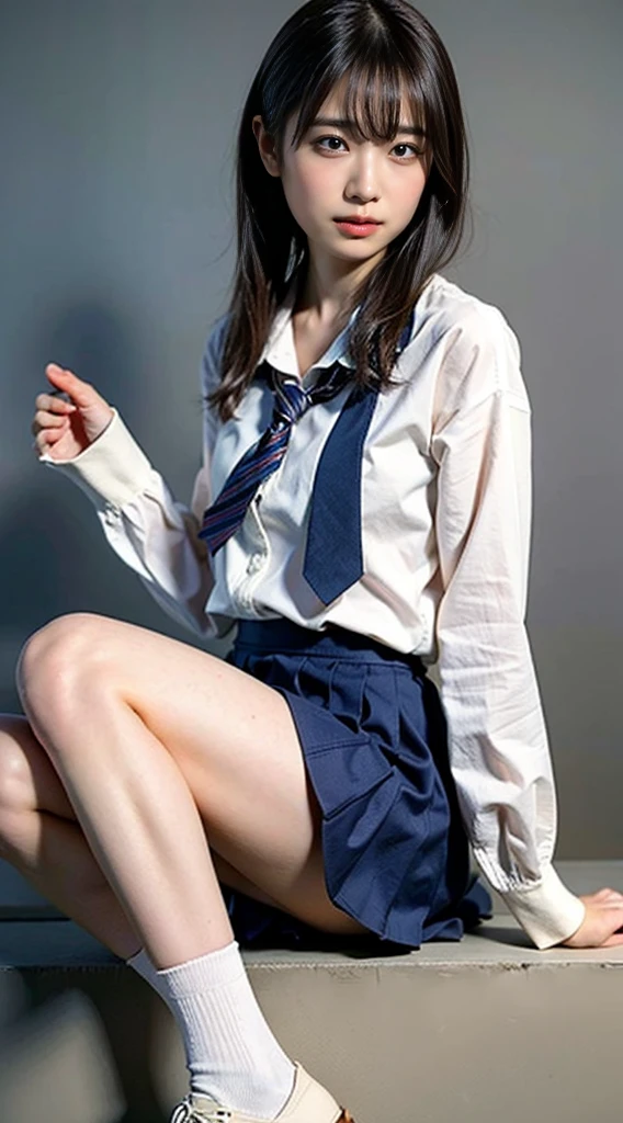 (8K、RAW photo、highest quality、masterpiece:1.2)、(realistic、Photoreal)、40 years、1 girl、I have a mole next to my eye、((White shirt with long sleeves、sailor suit、red tie、Below-the-knee length navy pleated skirt))、（high school girl）、The skirt is rolled up、gal、lots of eyelashes、glitter on eyelids、Dark Red Knee-High Socks、Skeletally correct、thighs open、wavy twintails、cute smile、sweaty body、attractive body beautiful perfect body、V-line emphasis、put your hands behind your head、Beautifully aligned fingertips、
