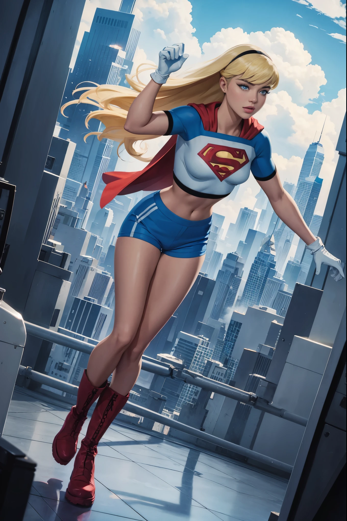 (cowboy shot), SFW, (masterpiece), (best quality: 1.0), (ultra highres: 1.0), detailed eyes, BREAK Supergirl, 1girl, long blonde hair, Hair band, \(white\) crop top, dolphin shorts, gloves, boots BREAK (clouds, city, stunning view) sexy, stunning, flying in the air, sexy, large 
