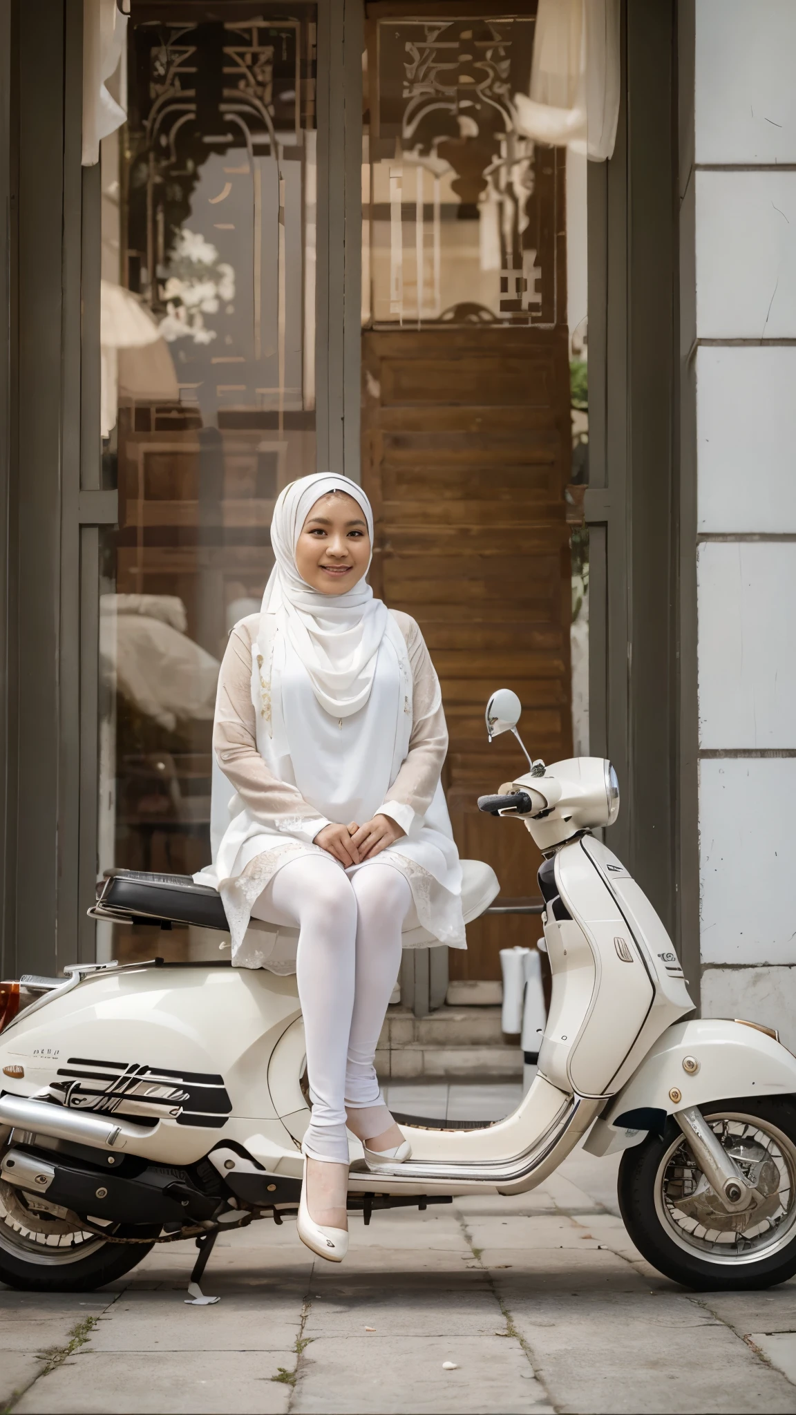 RAW, Best quality, high resolution, Masterpiece: 1.3, Indonesian woman wearing white hijab, (40 years), plump, wearing white kebaya, Javanese gamis, dress, beautiful Javanese hijabi with pearl skin wearing tribal slaves, heels, Masterpiece, white high stockings, A gentle smile, sitting on a Vespa Dior
