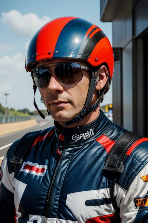 Marc, Male, 35 years old, Combed brown hair, Piercing blue eyes, Racer's outfit - red and black racing suit, racing helmet, Sunglasses, Racing circuit, Racing cars, Straight lines and tight turns, Realistic styling with a bright, dynamic color palette.
