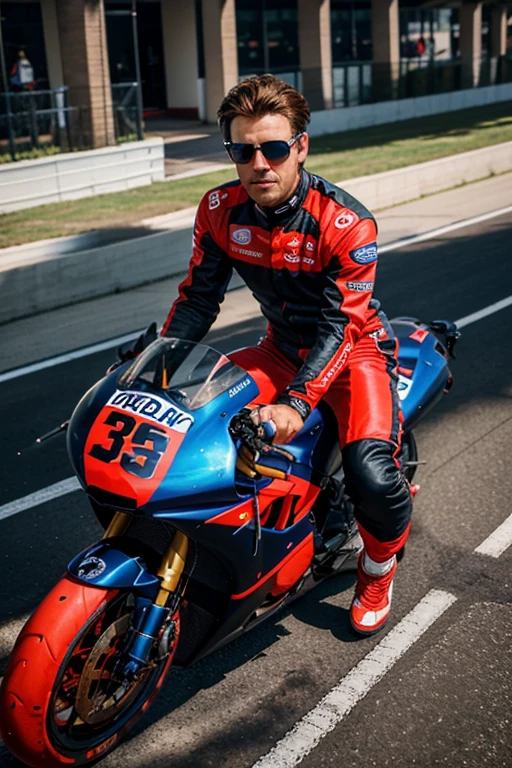 Marc, Male, 35 years old, Combed brown hair, Piercing blue eyes, Racer's outfit - red and black racing suit, racing helmet, Sunglasses, Racing circuit, Racing cars, Straight lines and tight turns, Realistic styling with a bright, dynamic color palette.