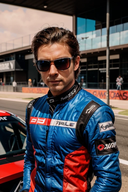 Marc, Male, 35 years old, Combed brown hair, Piercing blue eyes, Racer's outfit - red and black racing suit, racing helmet, Sunglasses, Racing circuit, Racing cars, Straight lines and tight turns, Realistic styling with a bright, dynamic color palette.
