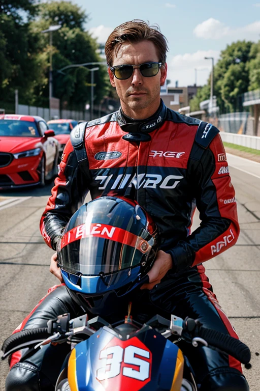 Marc, Male, 35 years old, Combed brown hair, Piercing blue eyes, Racer's outfit - red and black racing suit, racing helmet, Sunglasses, Racing circuit, Racing cars, Straight lines and tight turns, Realistic styling with a bright, dynamic color palette.