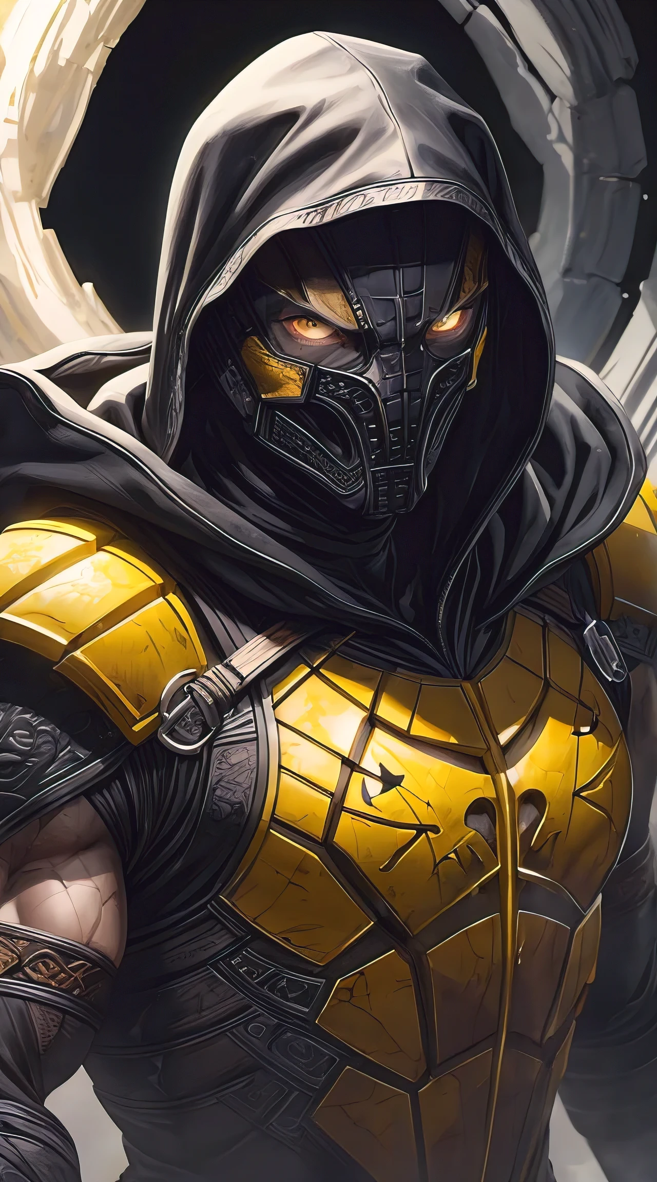 a portrait, scorpion from mortal kombat, detailed white eyes, bladk anc yellow armor, hood, veins on his arm, Intricate, High Detail, Sharp focus, dramatic, photorealistic painting art by greg rutkowski