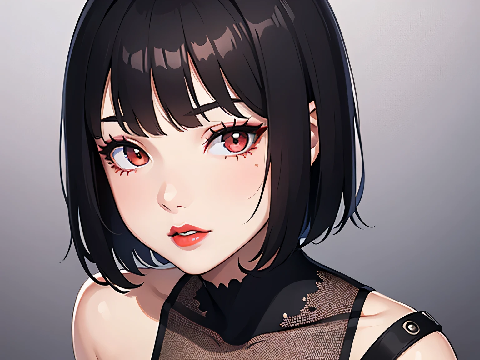 Amazing portrait of a cute goth woman with her short black hair in a bob hairstyle and she's wearing heavy eyeliner around her eyes and she's gazing at you seductively she wears an off shoulder t shirt that is orange and black with black bra straps 