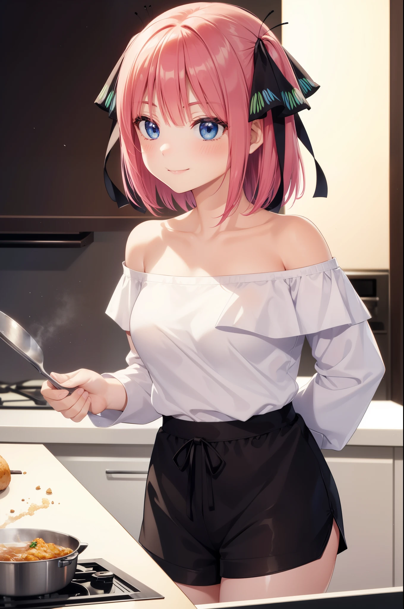 ichikanakano, ichika nakano, short hair, bangs, blue eyes, hair between eyes, pink hair, Black ribbon in hair, Butterfly Ribbon, (White off-the-shoulder shirt:1.3), (black shorts:1.3), highest quality, High resolution, unity 8k wallpaper, (beautiful and detailed eyes:1.3), highly detailed face, perfect lighting, (perfect hands, perfect anatomy), cowboy shot, one&#39;s home, (Cooking dishes:1.3), kitchen background, best smile