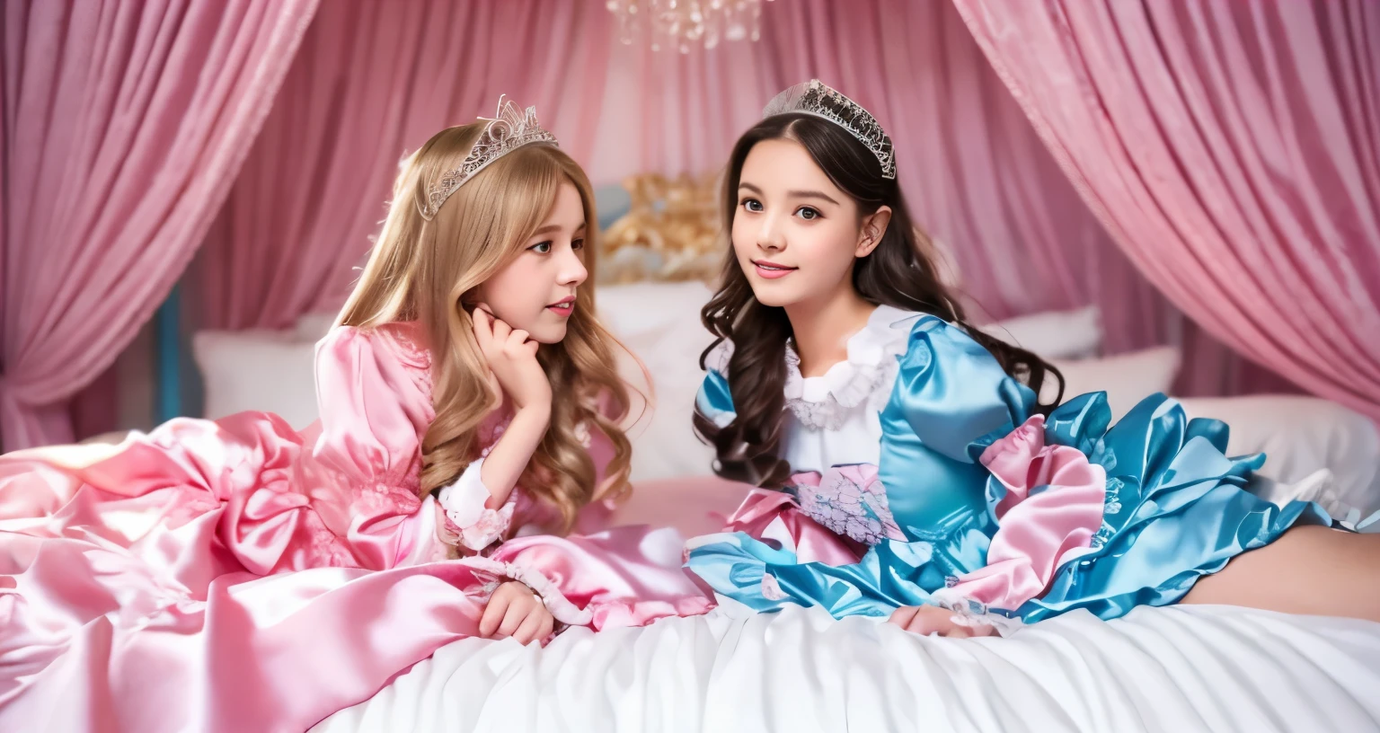 ,highest quality, masterpiece, highest resolution, artwork, super それにget used to it, many get used to it, get used to it, それにget used to it, 3K realistic photos,,((10 year old girl)),Super detailed baby face,the two girls are princesses,Full length ball gown dress with hoop skirt,ruffle yoke collar,puff sleeves,long sleeve,((ta style hot pink detailed princess satin dress、Comes with lots of frills and ribbons。)),colorful rococo fashion,shiny satin dress,Soft and smooth fabric,luxury,long blonde hair,blue eyes,white skin european,pajamas,((inside the palace)),,,(( of 10 yuper detailed baby face,Full length ball gown dress with hoop skirt,long skirt,ruffle yoke collar,puff sleeves,腰まで伸びるlong blonde hair,blue eyes,white skin european,pajamas,((inside the palace bedroom)),シルクサテンのluxuryなcanopy bedの上,canopy bed,Luxurious curtains on both sides of the bed,many frilly pillows on the bed,super detailed background,Detailed bed,romantic atmosphere,two little princesses on the bed,((((Both legs are hidden in the dress)))),the dress is spread out on the bed,Soft silk satin comforter in pastel colors,pastel colored silk satin bed sheets,Soft silk satin ruffled pillow in pastel colors,Beautiful girl illustration,detailed beautiful face detailed hair,detailed human eye ,detailed mouth, arm details,fine hands,Detailed pillow,