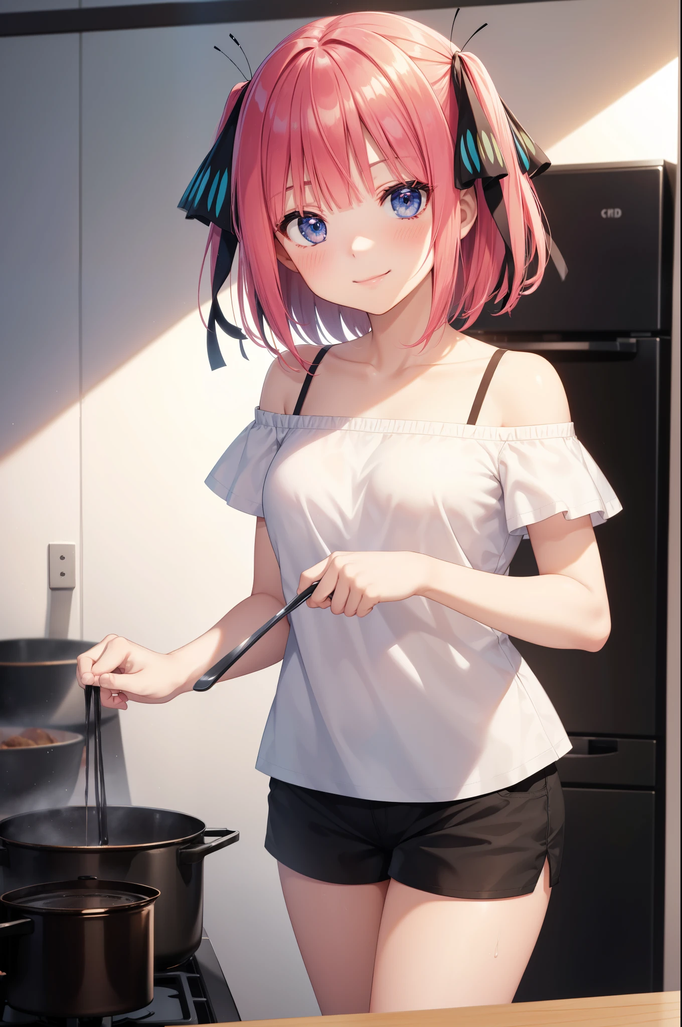 ichikanakano, ichika nakano, short hair, bangs, blue eyes, hair between eyes, pink hair, Black ribbon in hair, Butterfly Ribbon, (White off-the-shoulder shirt:1.3), (black shorts:1.3), highest quality, High resolution, unity 8k wallpaper, (beautiful and detailed eyes:1.3), highly detailed face, perfect lighting, (perfect hands, perfect anatomy), cowboy shot, one's home, (Cooking dishes:1.3), kitchen background, best smile
