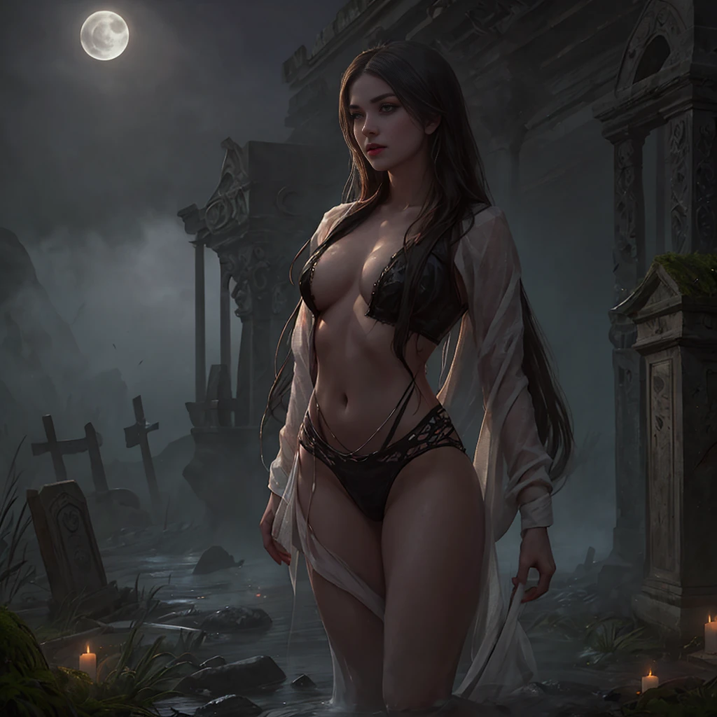 In the eerie and gothic ambiance of a moonlit cemetery, envision a solitary woman, her presence shrouded in both sorrow and allure, leaning gracefully against a crumbling mausoleum. Picture this desolate scene as the full moon casts an ethereal glow upon the decaying tombstones, t. A thick, ghostly fog blankets the ground, . On this grim stage, a lone woman leans with haunting grace against the moss-covered mausoleum, her striking beauty contrasting starkly with the surroundings. Her form, [delicate and enchanting], seems almost otherworldly in this somber place. She possesses slim [skinny figure] that grace her [slender form] with toned concave belly and smooth abdomen and [small breasts] a [narrow waist], and [graceful legs], her every movement a captivating dance. Her face, bathed in the moon's pale light . Her eyes hold a [hypnotic gaze], the [deep azure] of her irises contrasting beautifully against the fog. Her [arched, alluring eyebrows] frame her gaze, inviting those who dare to delve into the depths of her soul. [Long, alluring eyelashes] and [subtle, smoky eyeliner] hint at a life steeped in shadows, and her [enigmatic smile] holds the power to both enchant and haunt, nsfw, subtle nudity, exposed
