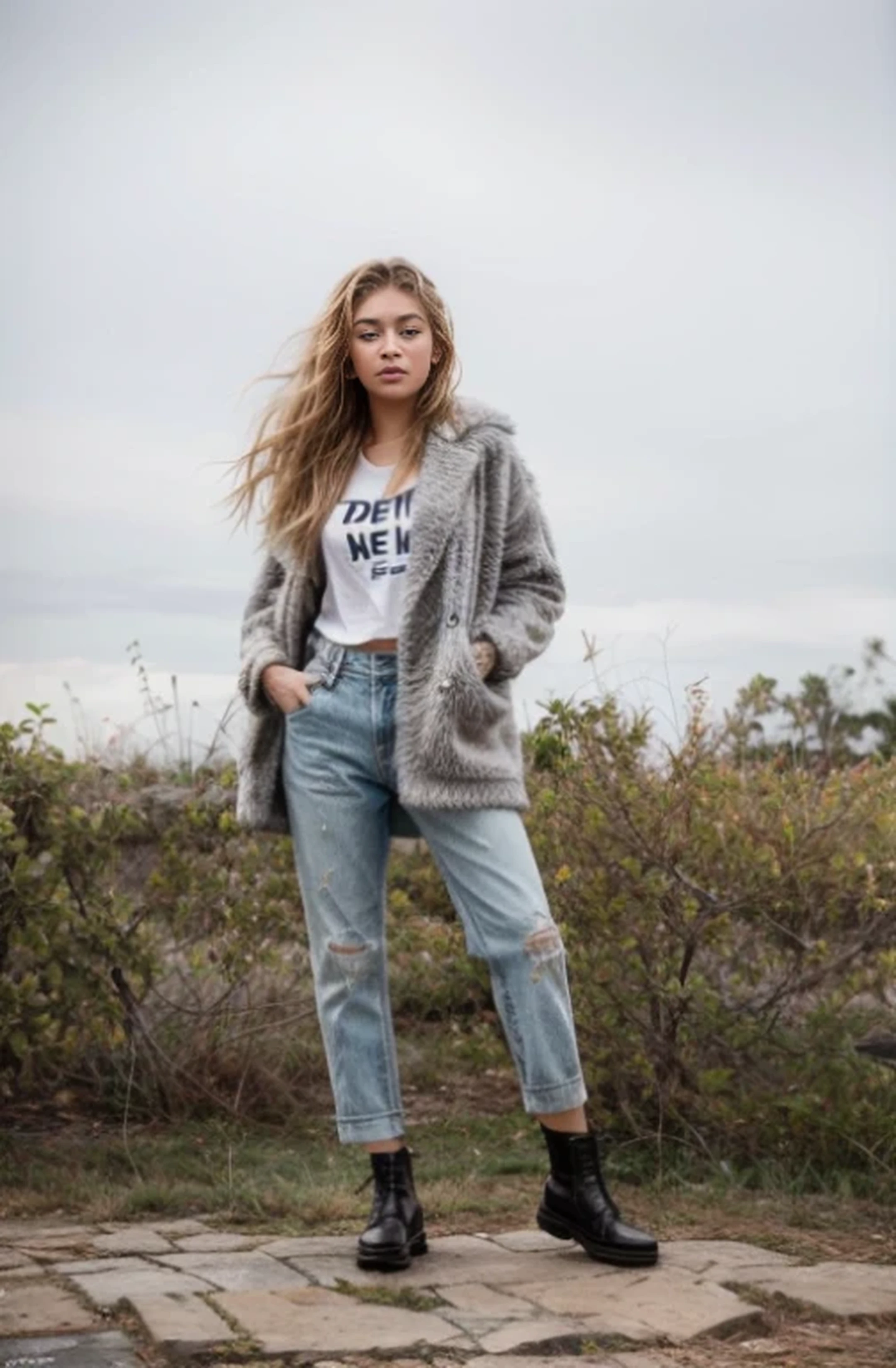 meilleure qualité, 8K, chef-d'ouvrages d'art: 1.3), 1 fille ( Gigi Hadid ) aux cheveux dégradé brun,
