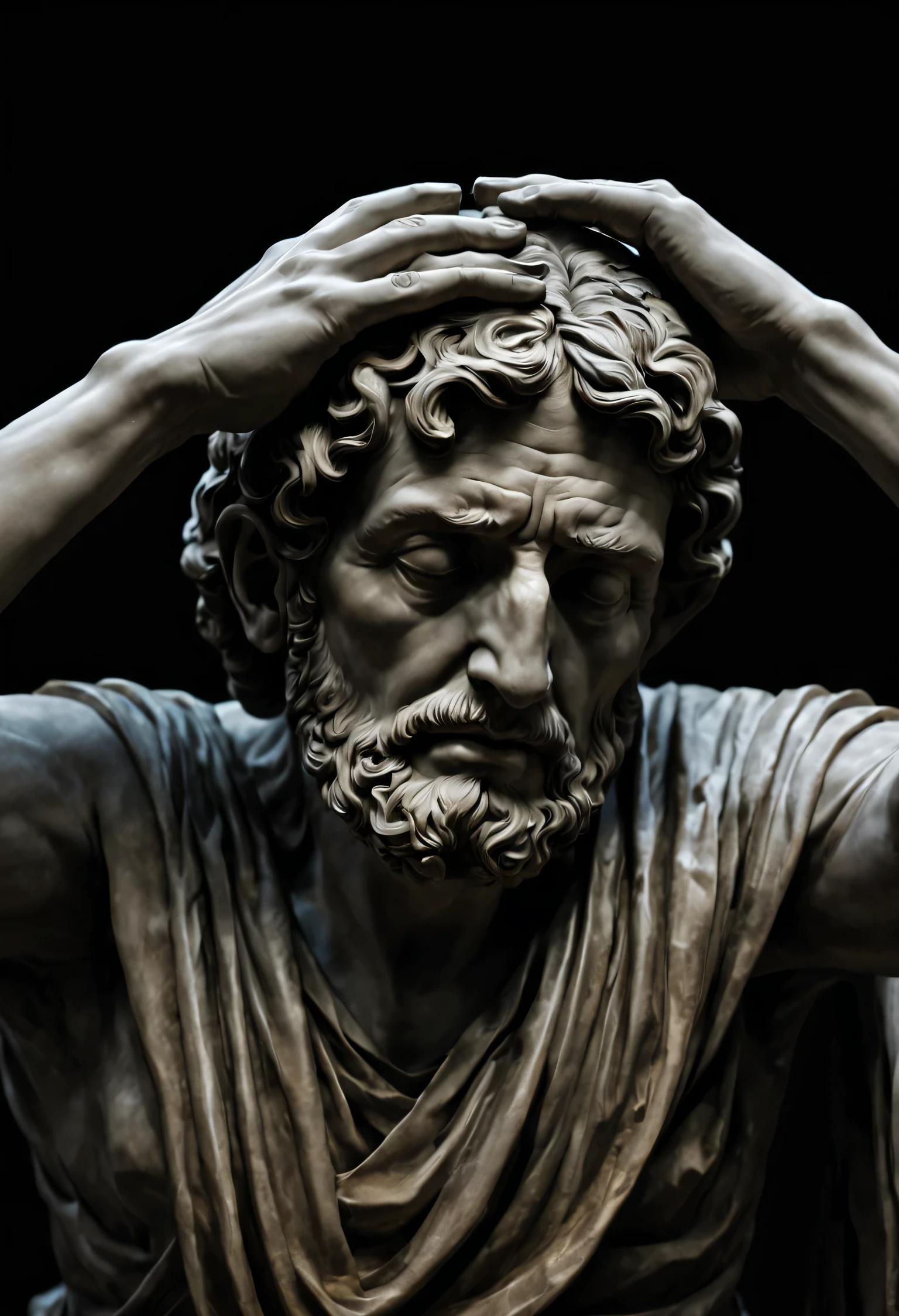 Stoic marble statue of the philosopher Seneca with both hands on his head, de desespero, rosto de perto, hiper-realista, fundo escuro, qualidade de fundo 4K