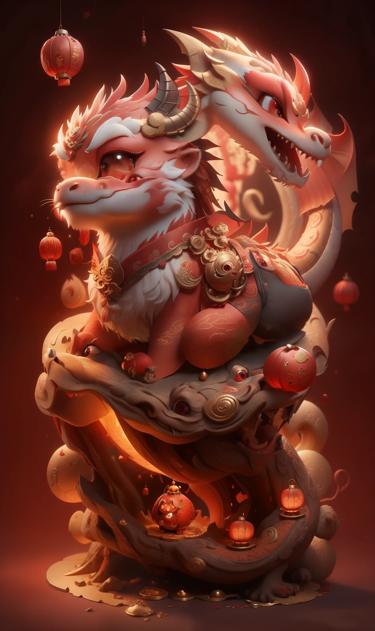 A cute Chinese dragon,Chinese dragon,red,Gold trim,new year atmosphere,Chinese dragon概念艺术,Inspired by Chinese style,3D modeling,Ultra-detailed rendering,8k