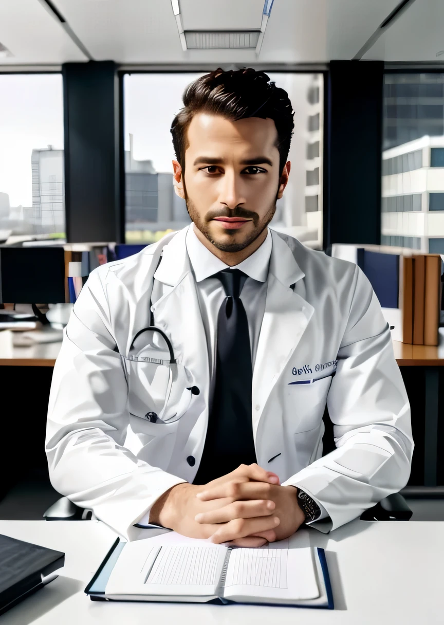 arafed man in white suit and tie sitting at a table, photo of a man, sitting at desk, wearing a doctor suit, corporate photo, handsome man, professional portrait hd, wearing doctors white suit, sitting at a desk, a photo of a man, handsome and attractive, professional profile photo, attractive man, sitting behind desk