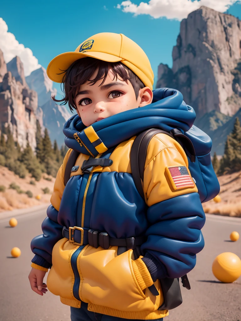10-year old kid, robust complexion, color de piel morena, cara redonda, cabellos cortos, cortados, negro, dark brown eyes, alegre,yellow jacket with yellow scarf with red on the collar, tipo Scout, usa vermuda azul marino de cargo con varias bolsas, exploration boots. Senderismo solo en un hermoso paisaje boscoso al atardecer, feliz.