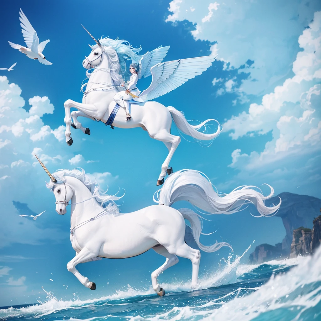 Light blue-white tones，Beautiful scenery without people，a fantastic unicorn，Stepping on the trees of the clouds，best quality，masterpiece，Extremely complex and exquisite details