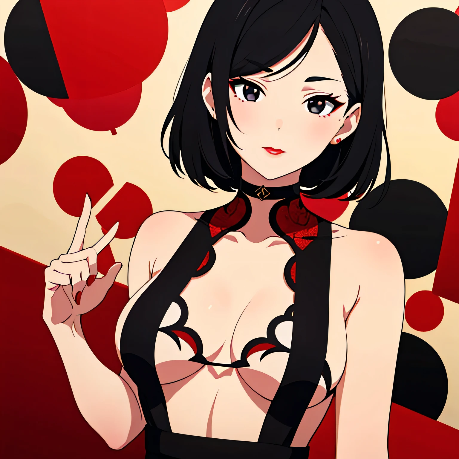 1 garota, melhor qualidade, Cabelo preto, curto hair, tronco, foto de rosto, Bela , Red lips, rostinho redondo, cara bonita, detalhado, detalhado skin, Pele branca, olhos pretos, usando delineado, maquiagem olho de gato, detalhado skin, Bela meninaem 4k, curto hair, Red lips, average sized , detalhado , average , curto/cabelo average, Bela , fundo abstrato, paleta vermelha, Red lips, average size , detalhado breasts, anime
