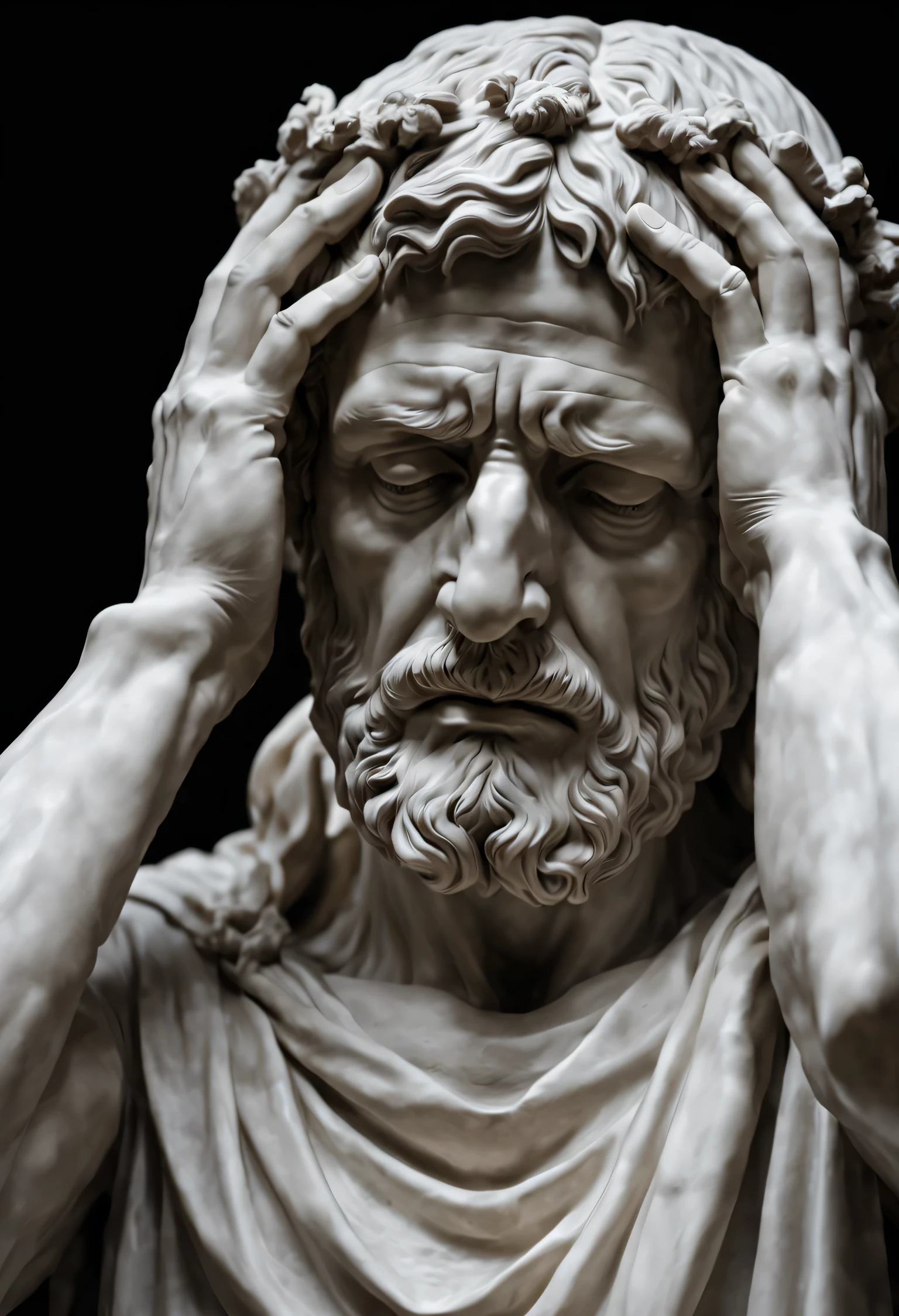 Stoic marble statue of the philosopher Seneca with both hands on his head, de desespero, rosto de perto, hiper-realista, fundo escuro, qualidade de fundo 4K