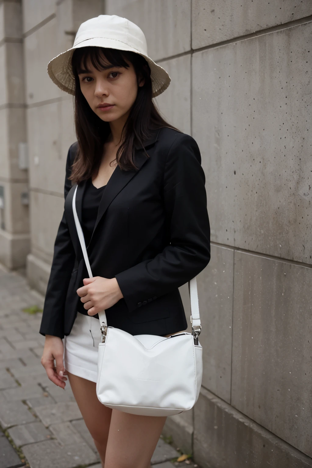 black suit,depressed face,Black eyes,black hair,white bucket hat,short bag