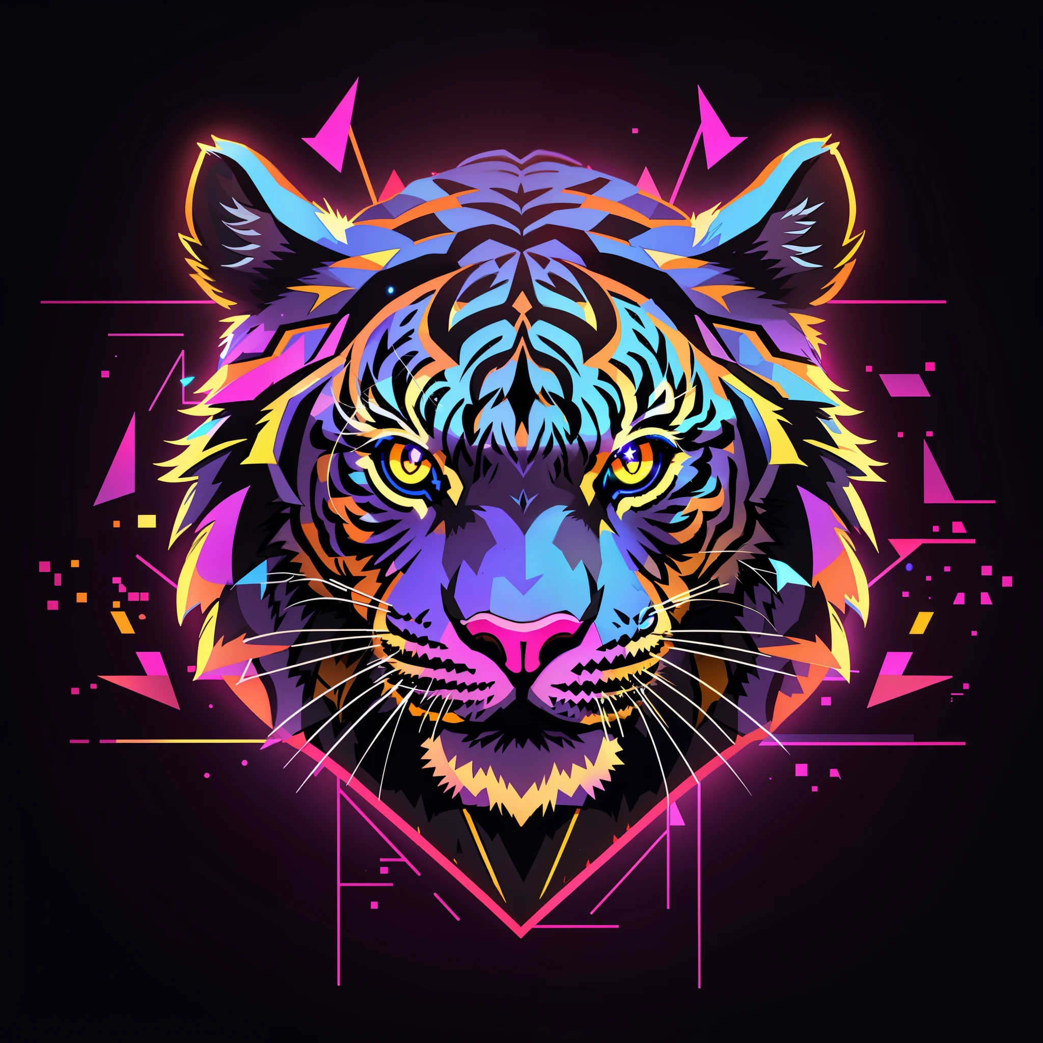 ((Vector tiger logo)), vector metal with glowing eyes and a star in the background, dark video game icon design, ((geometric pattern)), ((geometric vector art)), (vector balls), ((triangle objects)), beautiful neon cat, demon cat, 3d icon, vector art style, mascot illustration, glowing-eyes, glowing eyes, neon art style, (pink, purple, blue, yellow colors), glowing colours, ((black background))