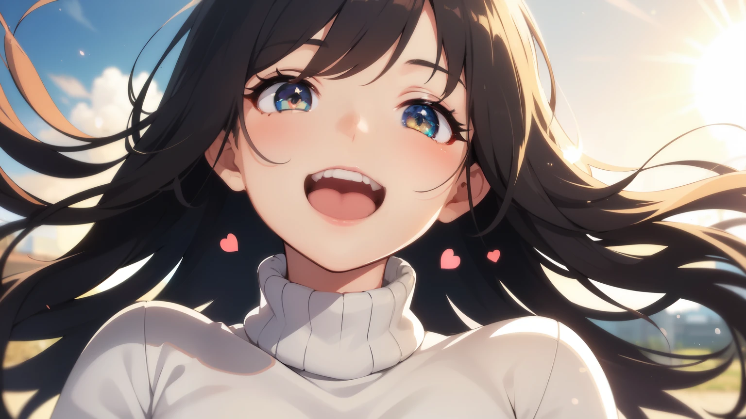 ((best quality)), ((masterpiece)), (detailed), perfect face, a girl, cosy sweater on, upper body, (huge Laughing:1.1), (open mouth:1.1), (wide open eyes:1.2), sun glare, bokeh, depth of field, blurry background, light particles, strong wind, (heart particles:1.1)