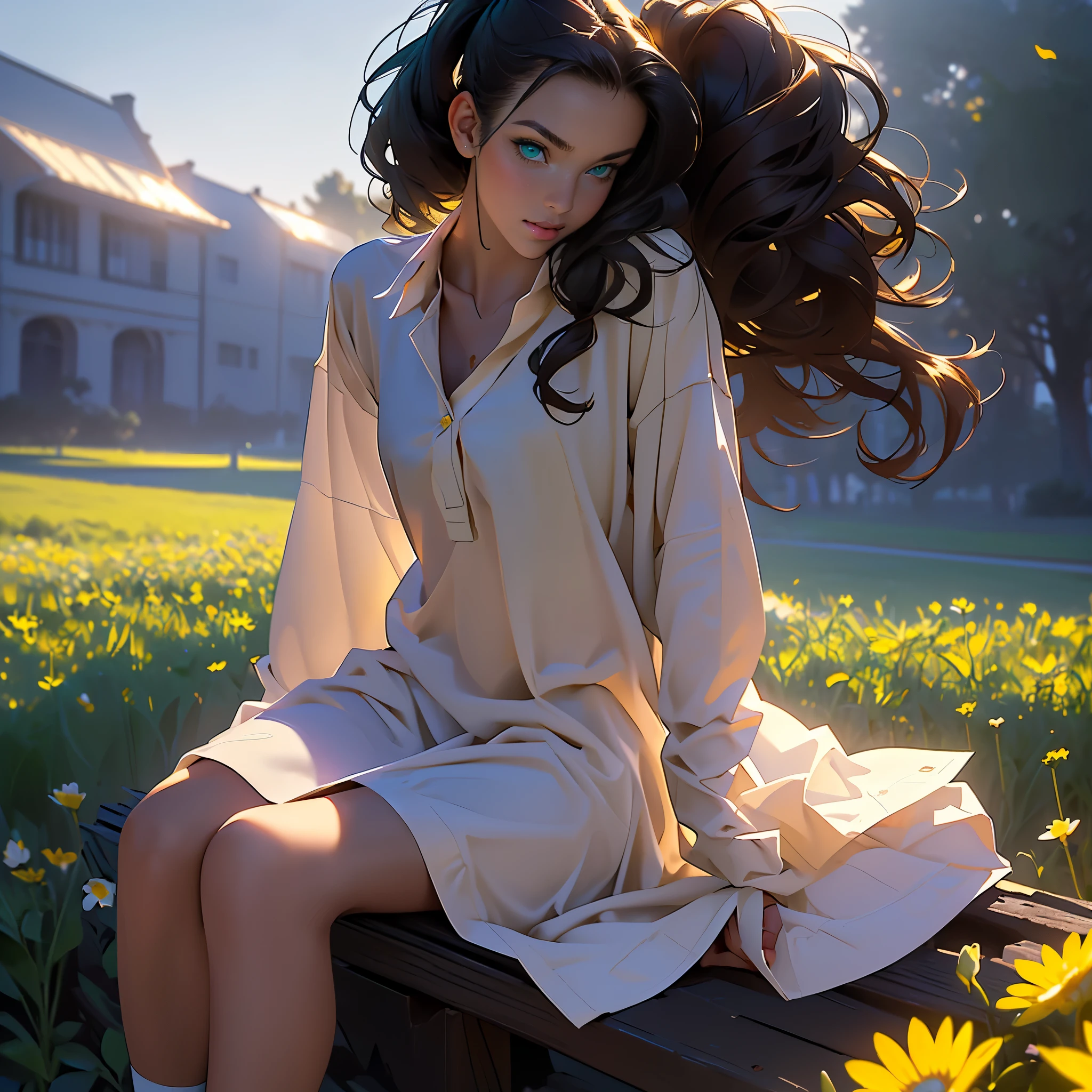 ((masterpiece, Best quality, a high resolution, ultra detailed),(beautiful and aesthetically pleasing:1.2), 1 woman, adult, perfect body, Wavy dark hair, green eyes, high short ponytail, Beautiful, Detailed eyes and face, long oversized shirt, Converse sneakers, golden hour, Field of Flowers, complex parts