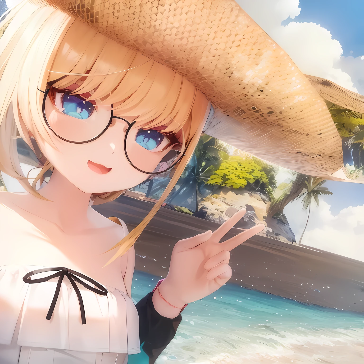 blonde anime girl with round glasses and a straw hat on a beach, blue eyes, render of a cute 3d anime girl, anime styled 3d, hanayamata, small curvy , realistic anime 3 d style, 3d anime girl, anime moe artstyle, vrchat, , anime style. 8k, stylized anime, render of april, shikamimi, at a tropical beach
