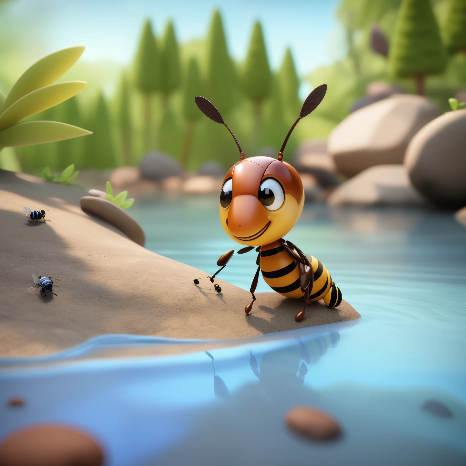 cartoon bee sitting on a leaf in a river with rocks and trees, cute 3 d render, ant, ant perspective, 3 d bee, stylized as a 3d render, (bee), rendered in keyshot, ant alien, monstrous ant, depicted as a 3 d render, toon render keyshot, stylized 3d render, rendered in maya 4 d