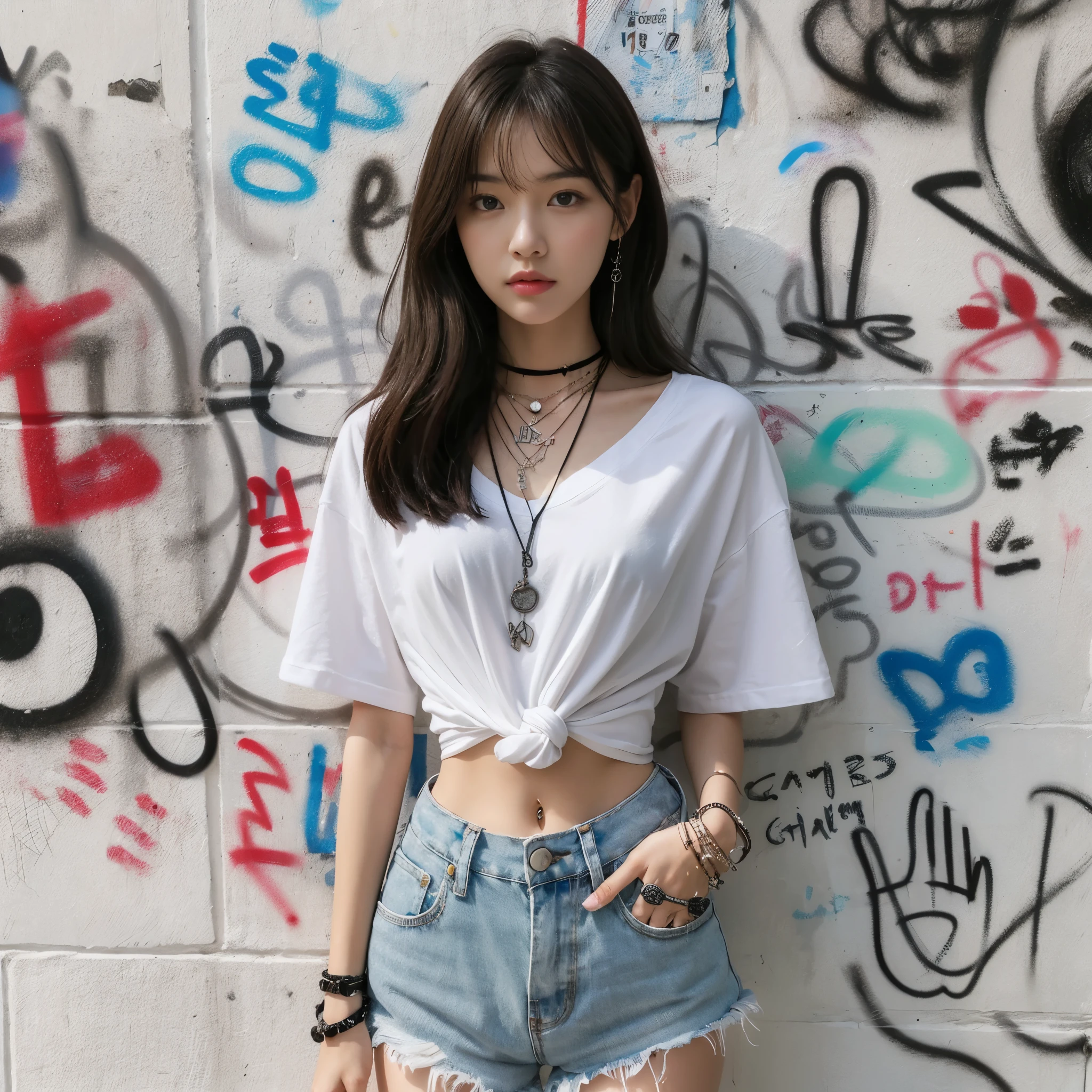 long photo, camera shot from the front, looking at the camera, a beautiful Korean girl standing, in casual clothes, white t-shirt, short jeans, a number of black necklaces, black rings, arms covered in colorful graffiti, white wall background