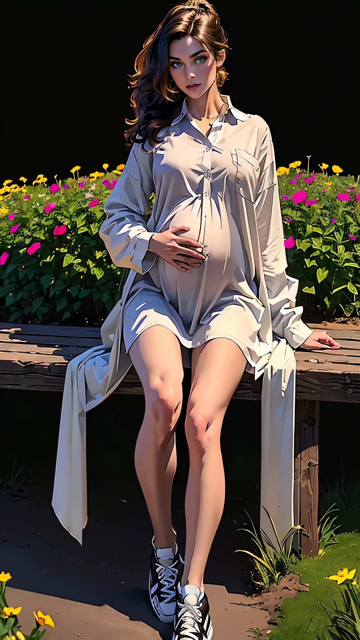 ((masterpiece, best quality, highres, ultra-detailed),(beautiful and aesthetic:1.2), 1woman, adult, perfect body, wavy dark hair, green eyes, high short ponytail, handsome, detailed eyes and face, oversized long shirt, converse sneakers, golden hour, field of flowers, intricate details, pregnancy 