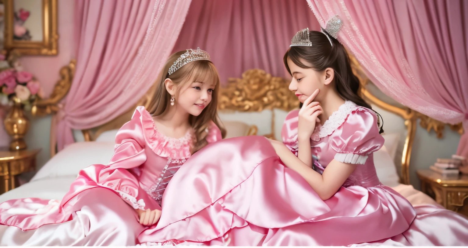 ,highest quality, masterpiece, highest resolution, artwork, super それにget used to it, many get used to it, get used to it, それにget used to it, 3K realistic photos,,((10 year old girl)),Super detailed baby face,the two girls are princesses,Full length ball gown dress with hoop skirt,ruffle yoke collar,puff sleeves,long sleeve,((Lolita style hot pink detailed princess satin dress、Comes with lots of frills and ribbons。)),colorful rococo fashion,shiny satin dress,Soft and smooth fabric,luxury,long blonde hair,blue eyes,white skin european,pajamas,((inside the palace)),,,(( of 10 years old)),Super detailed baby face,Full length ball gown dress with hoop skirt,long skirt,ruffle yoke collar,puff sleeves,腰まで伸びるlong blonde hair,blue eyes,white skin european,pajamas,((inside the palace bedroom)),シルクサテンのluxuryなcanopy bedの上,canopy bed,Luxurious curtains on both sides of the bed,many frilly pillows on the bed,super detailed background,Detailed bed,romantic atmosphere,two little princesses on the bed,Two people are hugging each other,((((Both legs are hidden in the dress)))),the dress is spread out on the bed,Soft silk satin comforter in pastel colors,pastel colored silk satin bed sheets,Soft silk satin ruffled pillow in pastel colors,Beautiful girl illustration,detailed beautiful face detailed hair,detailed human eye ,detailed mouth, arm details,fine hands,Detailed pillow,