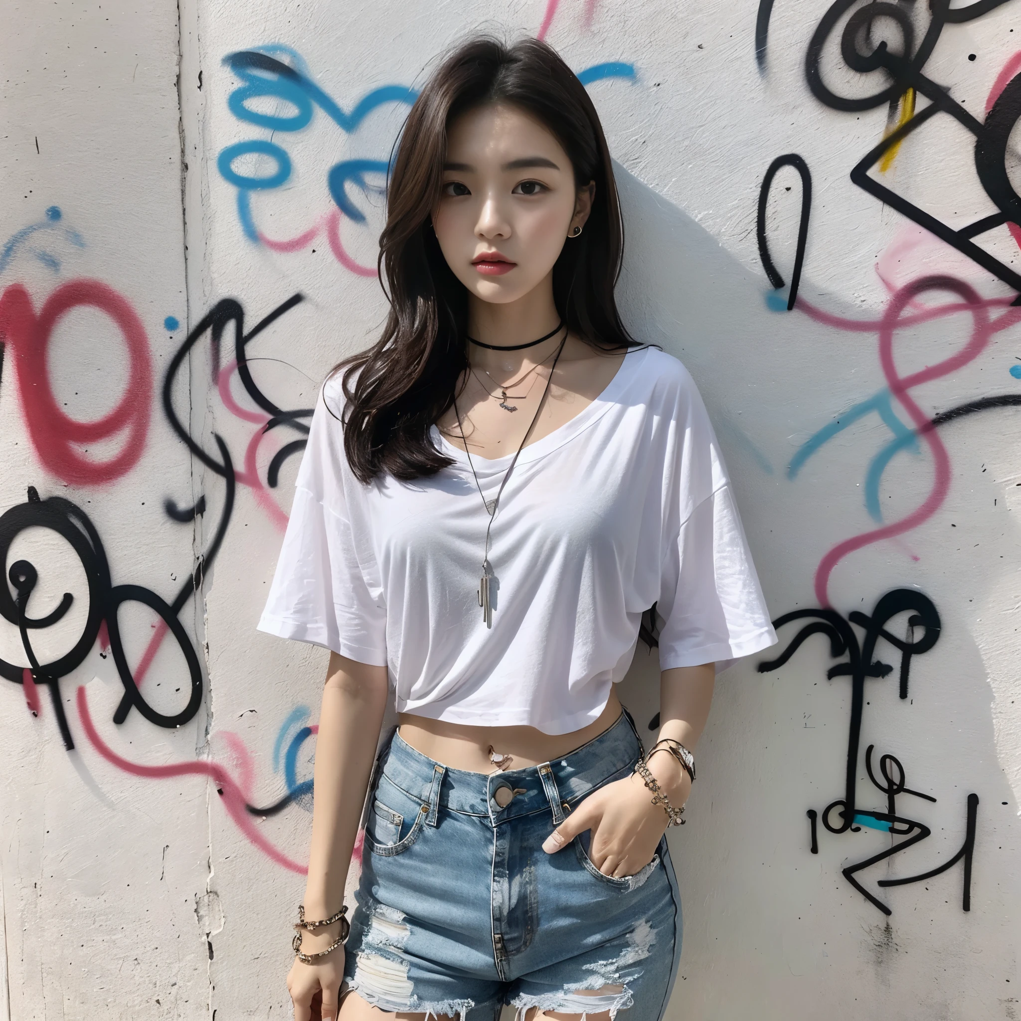 long photo, camera shot from the front, looking at the camera, a beautiful Korean girl standing, in casual clothes, white t-shirt, short jeans, a number of black necklaces, black rings, arms covered in colorful graffiti, white wall background