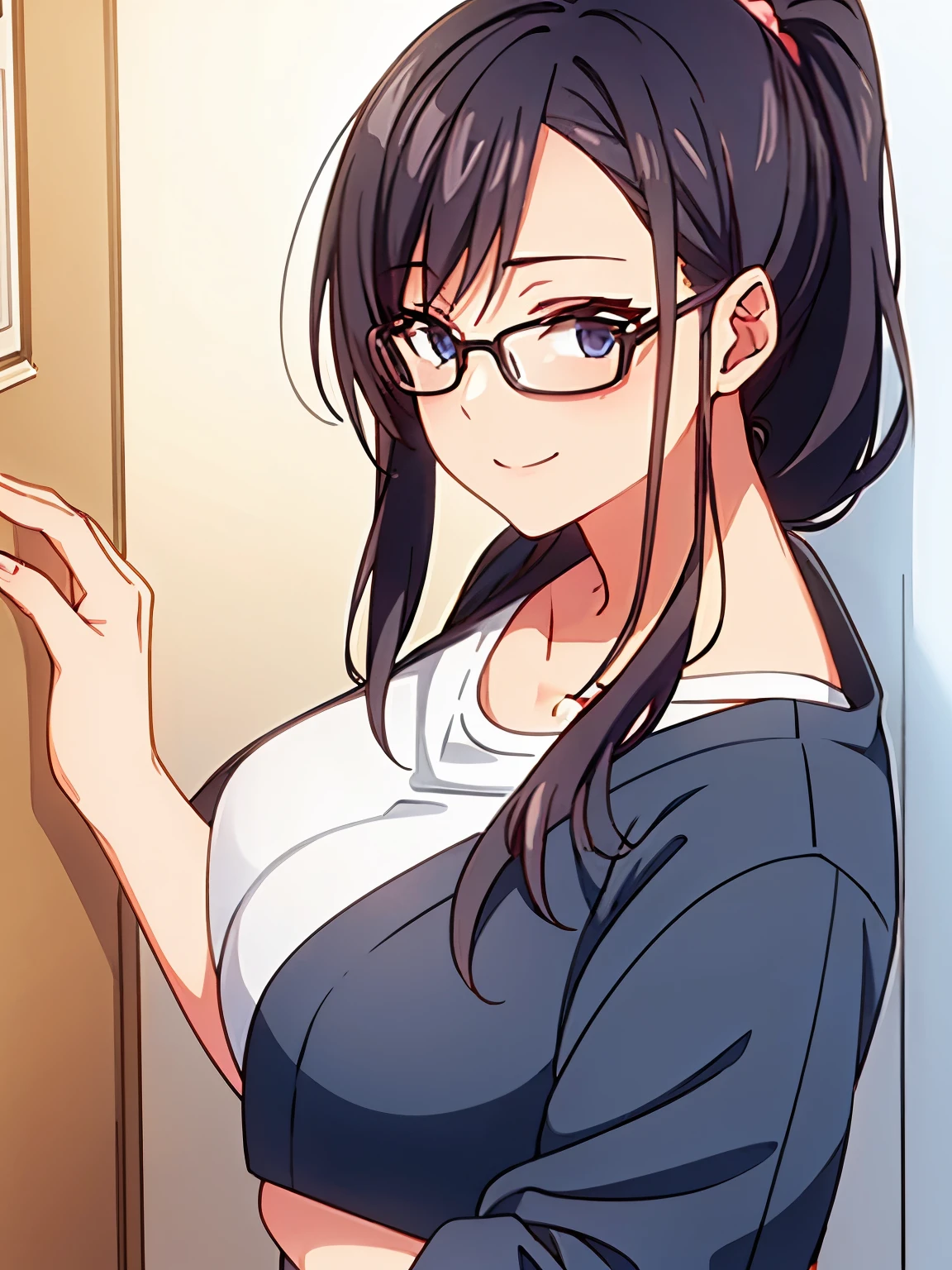 1 milf, ponytail hair, smiling, wearing a white tank top, wearing glasses, peeking out from behind the wall, white background