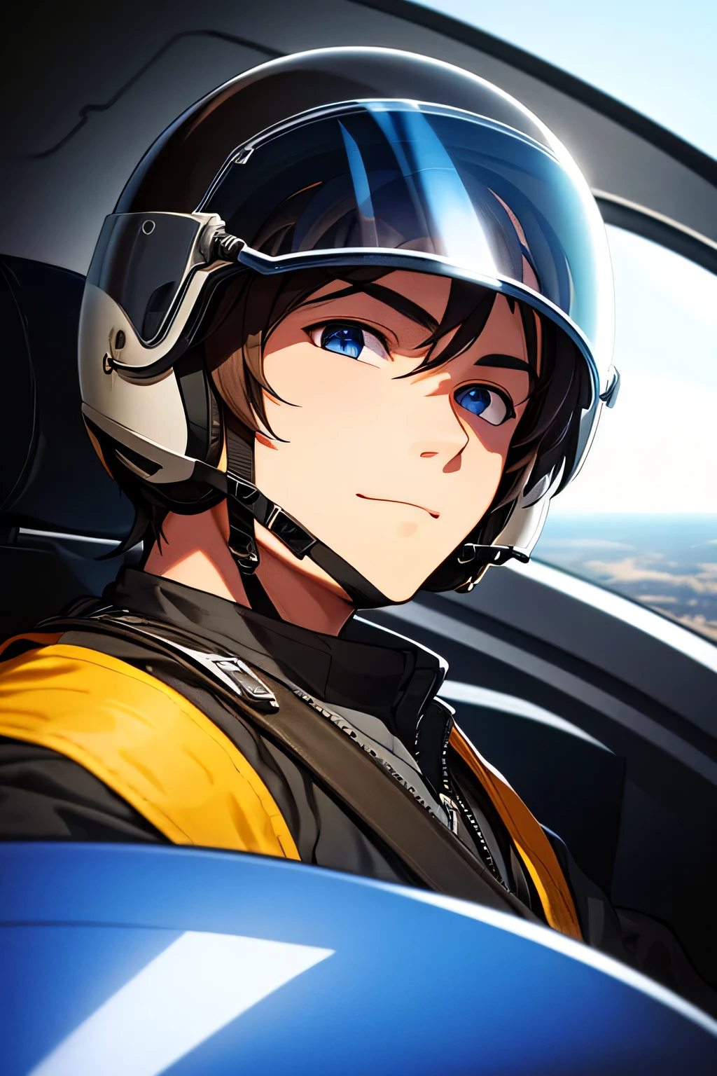 draw a man with a fighter pilot's helmet and closed visor looking at the camera in front of him inside the cockpit while flying a fighter, perfil