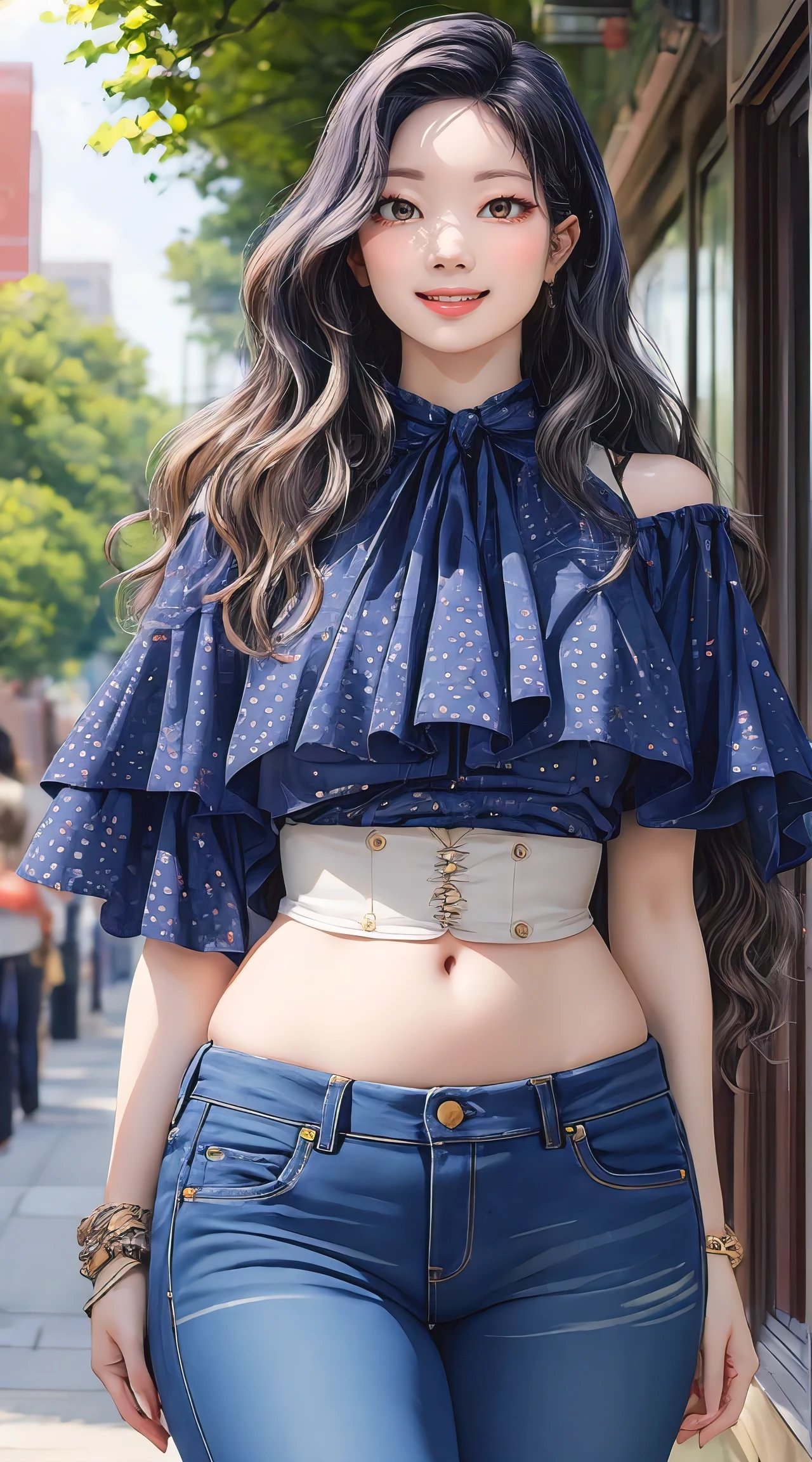 (best quality, masterpiece, ultra-detailed, photorealistic:1.3), wavy hair, wide hips, printed blouse, jeans, city park
