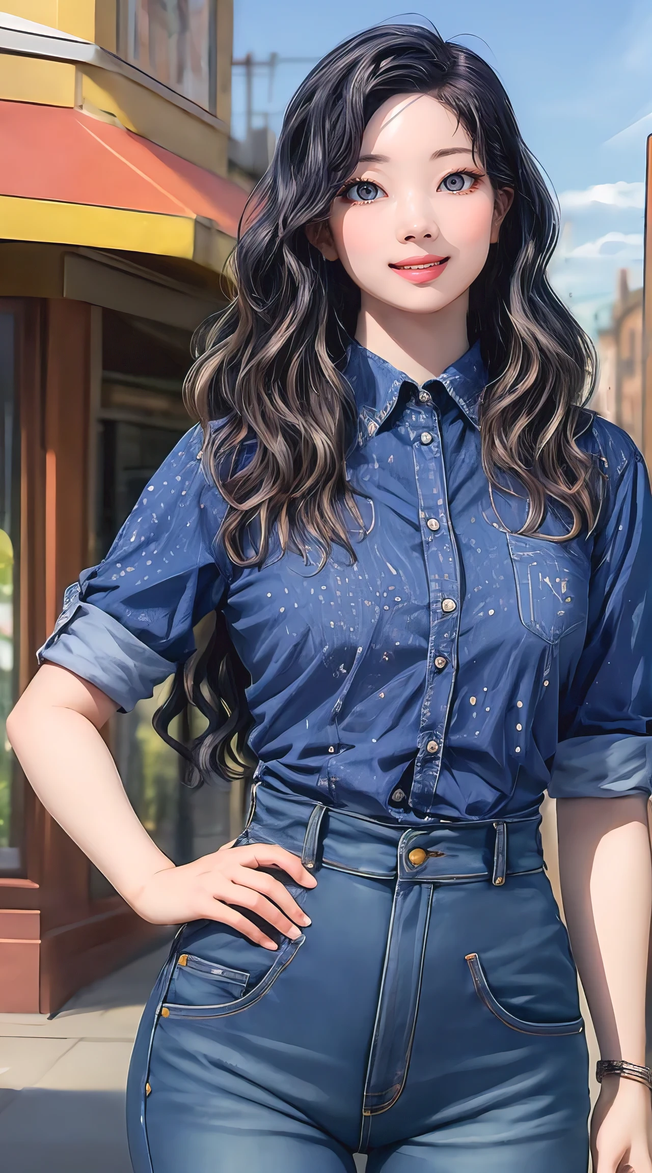 (best quality, masterpiece, ultra-detailed, photorealistic:1.3), wavy hair, wide hips, printed blouse, jeans, city park
