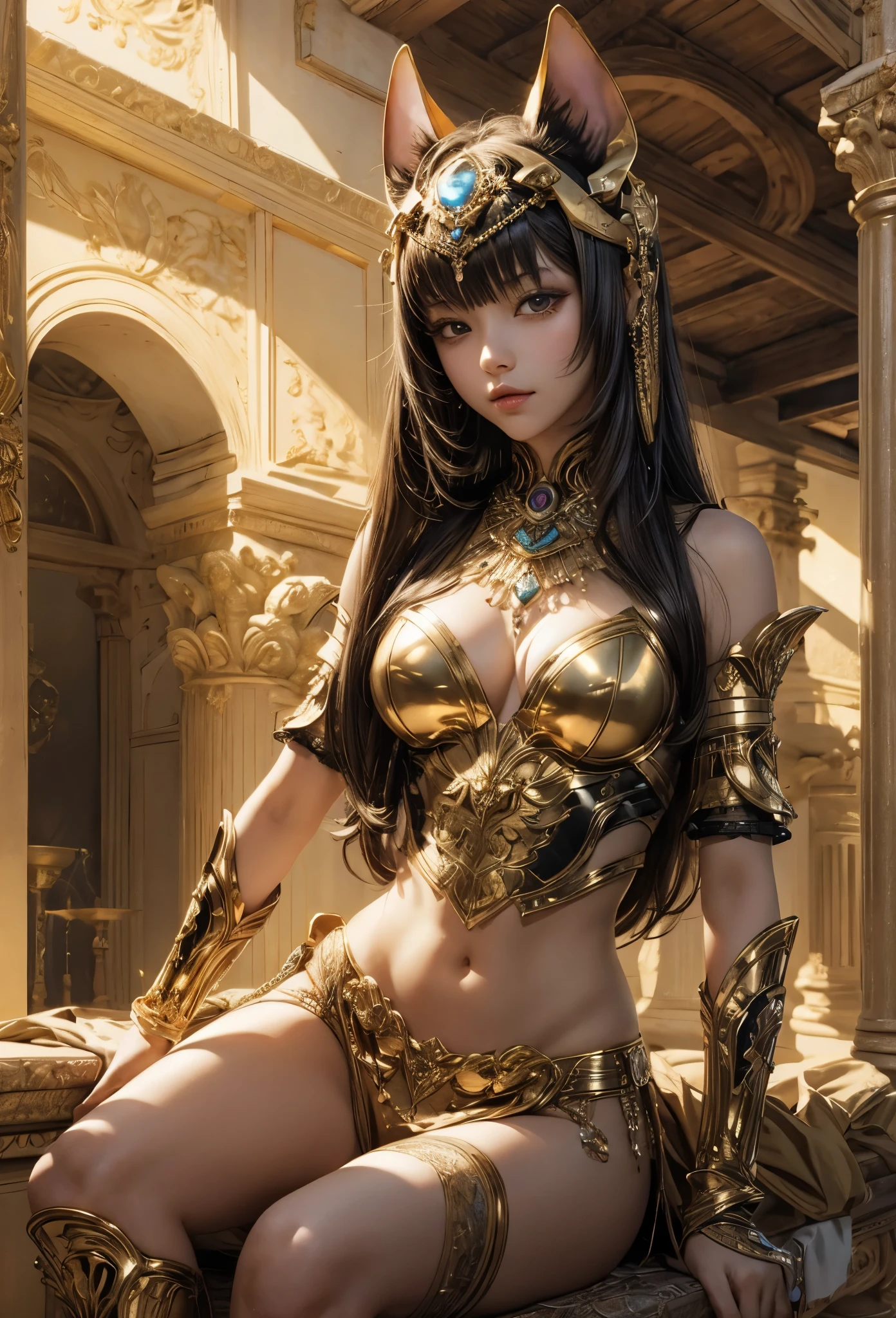 ((Highly accurate drawing in every detail)Extremely precise depiction)[High resolution],(detailed illustrations,とてもfineで緻密な描画,Delicate drawn lines with tempo,Realistic texture expression),[color traced main line],[ruins background [Ancient Egypt]],HENTAI (ANIME Girl (beautiful) ) cyborg [(tanned skin) [Lustrous black hair]],((Bastet) Beautifully decorated golden cyber armor) ([Complex decorative processing] [elegant],Gorgeous golden luster (Polished reflective luster)) [Gorgeous and luxurious],gravure,[Oparts Lost Technology [Hierograph]],(複雑でbeautiful装飾 [Dense detail]),(きめ細やかでbeautiful肌表現 [transparency]),Precisely drawn eyes[完璧な目のdetailed(Iris drawn in minute detail)(宝石のようなbeautiful瞳)],[eyes light[Pinpoint lighting for the eyes]],[長くてbeautiful睫毛],[precisely drawn hair [美しく艷やかな髪のdetailed]],(完璧な手のdetailed [破綻のないbeautiful指 [beautiful nails]]),(perfect anatomy(perfectly balanced proportions))[[full body portrait]],[[Design built to the highest level]][ideal color coordination(Accurate simulation of light and material interactions)],([Precision Detail](detailed,高fine)),[Visual art that tells a story],((highest quality)fine[[High density drawing]])(4K Quality).