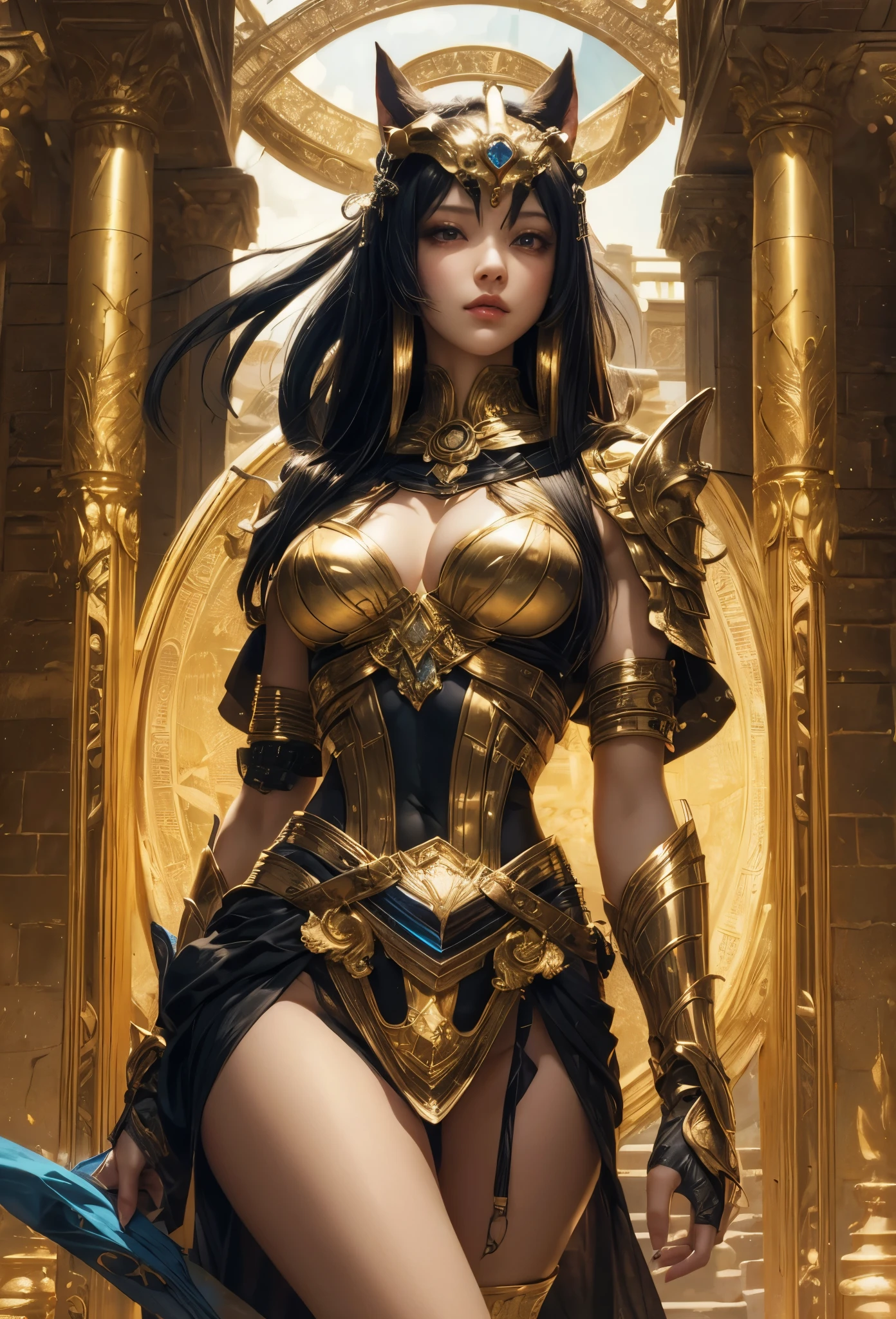 ((Highly accurate drawing in every detail)Extremely precise depiction)[High resolution],(detailed illustrations,とてもfineで緻密な描画,Delicate drawn lines with tempo,Realistic texture expression),[color traced main line],[ruins background [Ancient Egypt]],HENTAI (ANIME Girl (beautiful) ) cyborg [(tanned skin) [Lustrous black hair]],((Bastet) Beautifully decorated golden cyber armor) ([Complex decorative processing] [elegant],Gorgeous golden luster (Polished reflective luster)) [Gorgeous and luxurious],gravure,[Oparts Lost Technology [Hierograph]],(複雑でbeautiful装飾 [Dense detail]),(きめ細やかでbeautiful肌表現 [transparency]),Precisely drawn eyes[完璧な目のdetailed(Iris drawn in minute detail)(宝石のようなbeautiful瞳)],[eyes light[Pinpoint lighting for the eyes]],[長くてbeautiful睫毛],[precisely drawn hair [美しく艷やかな髪のdetailed]],(完璧な手のdetailed [破綻のないbeautiful指 [beautiful nails]]),(perfect anatomy(perfectly balanced proportions))[[full body portrait]],[[Design built to the highest level]][ideal color coordination(Accurate simulation of light and material interactions)],([Precision Detail](detailed,高fine)),[Visual art that tells a story],((highest quality)fine[[High density drawing]])(4K Quality).