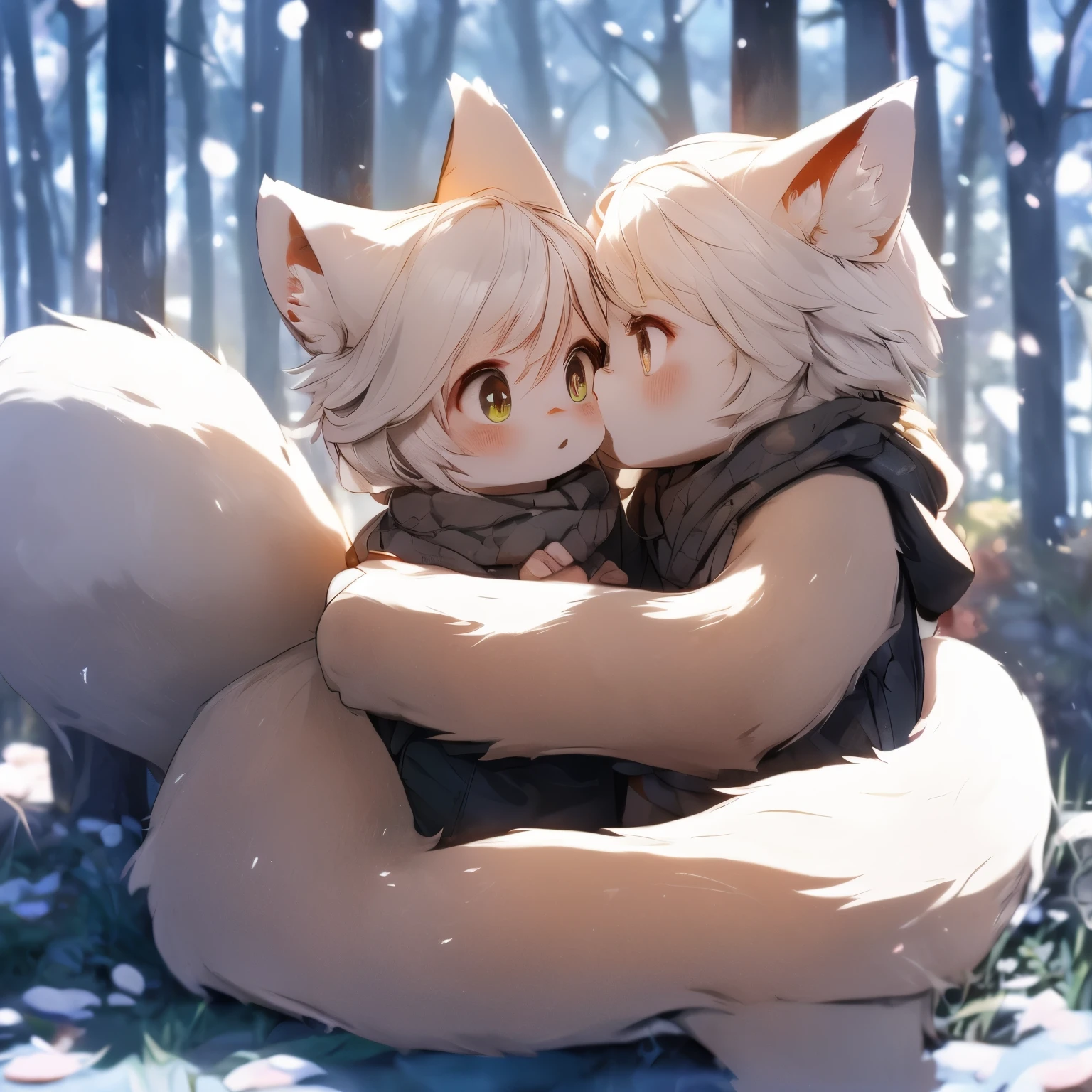 mascot，Lovely image，best quality, 8k, Best quality fluffy, 可爱的fox, fox，Male and female cuddles，2 snow leopards，Yellow fur，hairy，kiss
